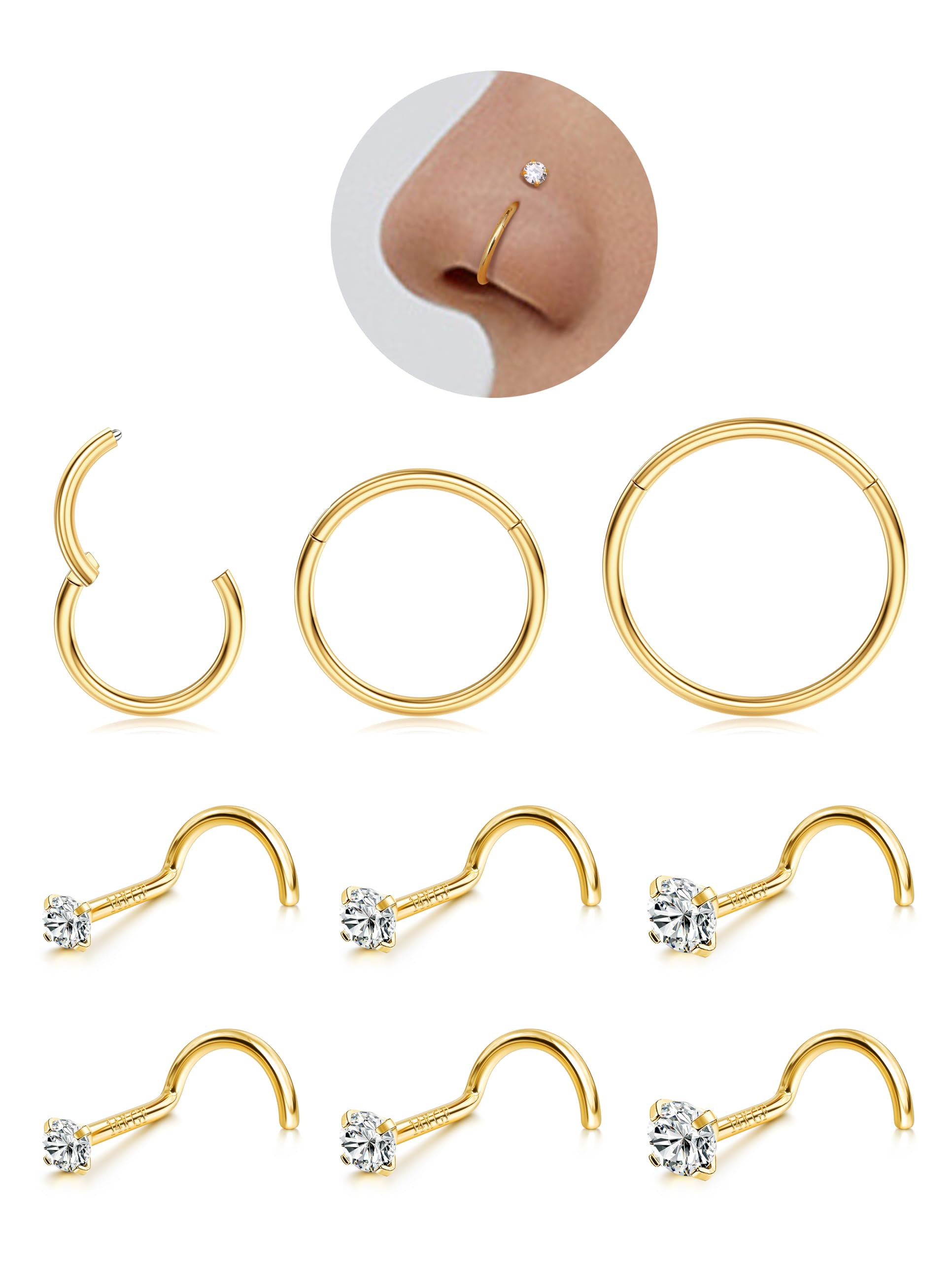 LOLIAS 9Pcs Piercing Nariz Acero Quirurgico para Mujeres Hombres 14K Oro Piercing Nariz Aro 6/8/10MM Pirsin Nariz Piercing Septum Piercing Nariz Plata Piercing Joyería 20G