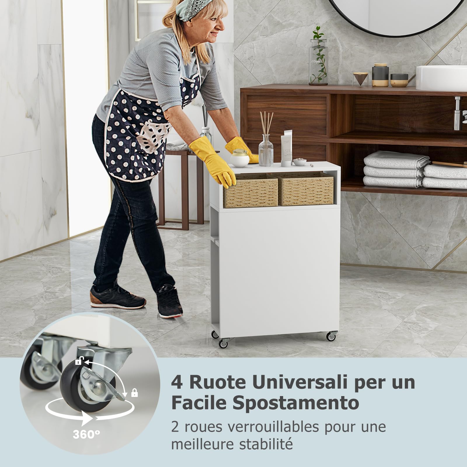 GYMAX Mobiletto da Bagno, Porta Carta Igienica Autoportante con 2 Cassetti Estraibili, 2 Cesti di Vimini e Portaspazzolino, Mobile Stretto Laterale Rotante per Toilette (Bianco)