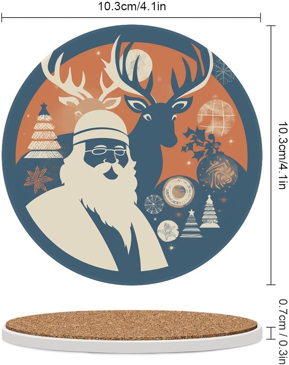 6PCS Silhouette Santa Claus Coasters Non-Slip Round Drink Coasters with Ceramic Stone and Cork Base, Heat Resistant Absorbent 33.00Stone Coaster Set for Kinds of Mugs and Cups, 4 Inch