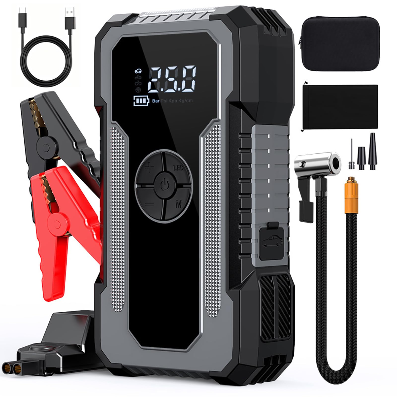 Arrancador de coche de 12 V de corriente de 4000 A con pantalla digital, compresor de aire, fuente de alimentación USB, sistemas de iluminación de emergencias, arrancador de batería de coche con