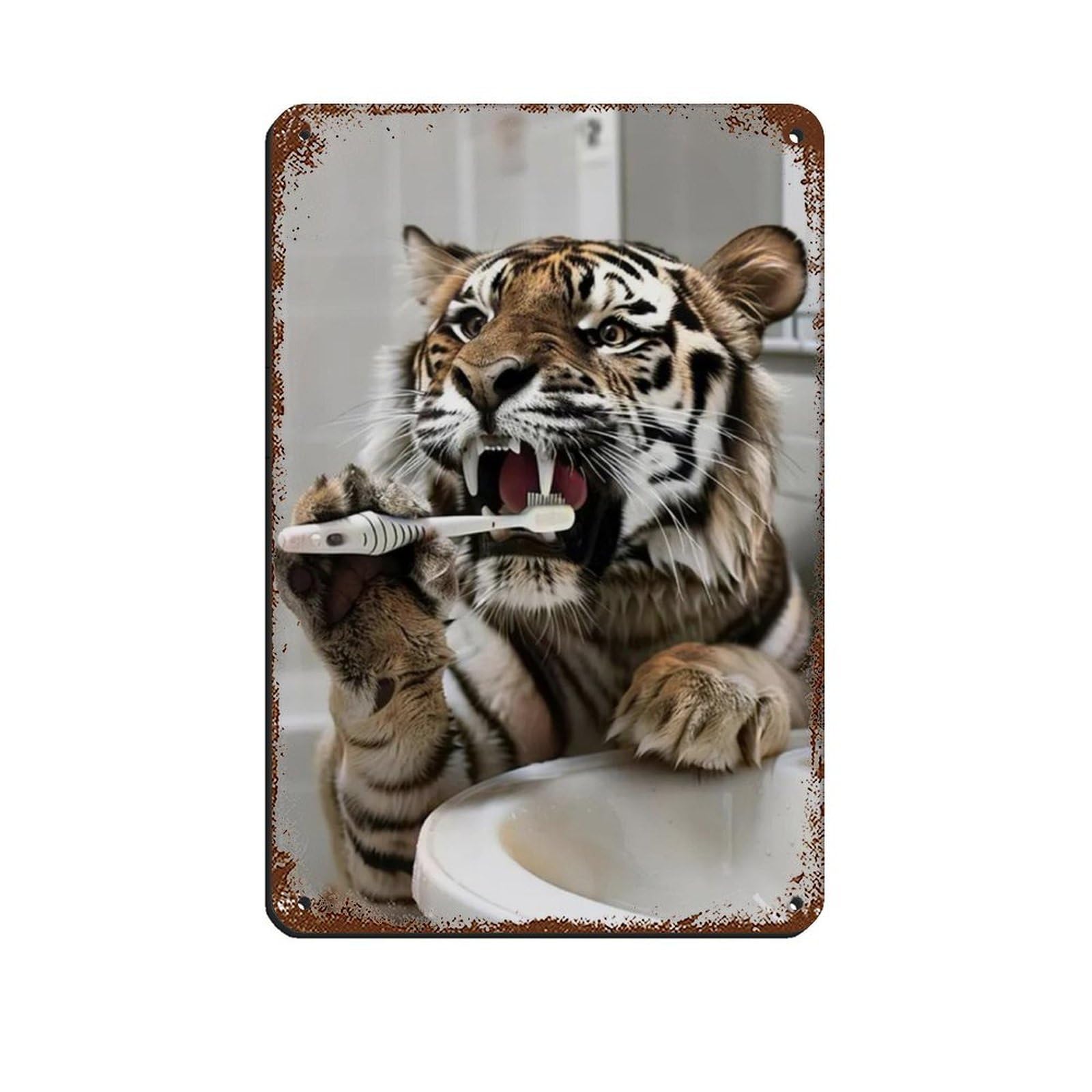 Tiger Brushing Teeth, Hilarious Bathroom Art Tin Sign Vintage Metal Pub Club Cafe Bar Home Wall Art Decoration Poster Retro 8x12inch(20x30cm)