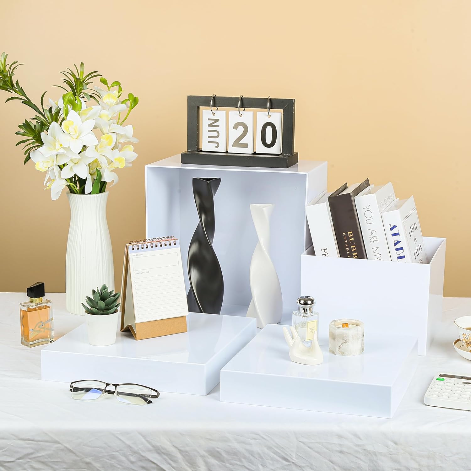 7 Pcs Large Acrylic Buffet Risers Set for Table Display, 6.8" to 12" Clear Cube Boxes Food Risers for Wedding Dessert Catering, Hollow Bottom Decorative Stand for Cake Jewelry Party Supplies (White, Square)