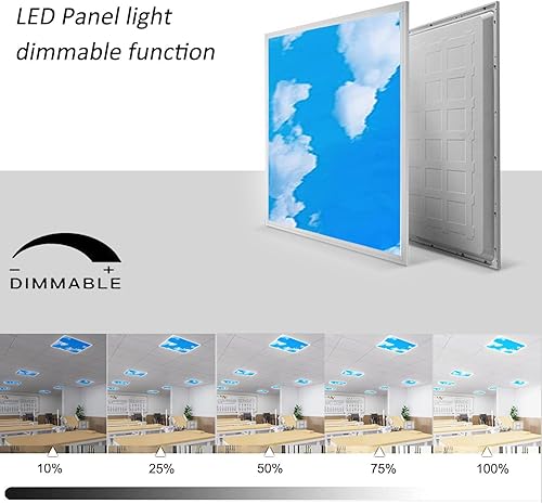 Miniatura 4 de Superyofo Paquete de 6 luces LED de panel plano de 2 pies de 4800 lúmenes, 0-10 V regulables, cielo azul plano y nubes, 50 W, blanco 6000 K, 120 V,