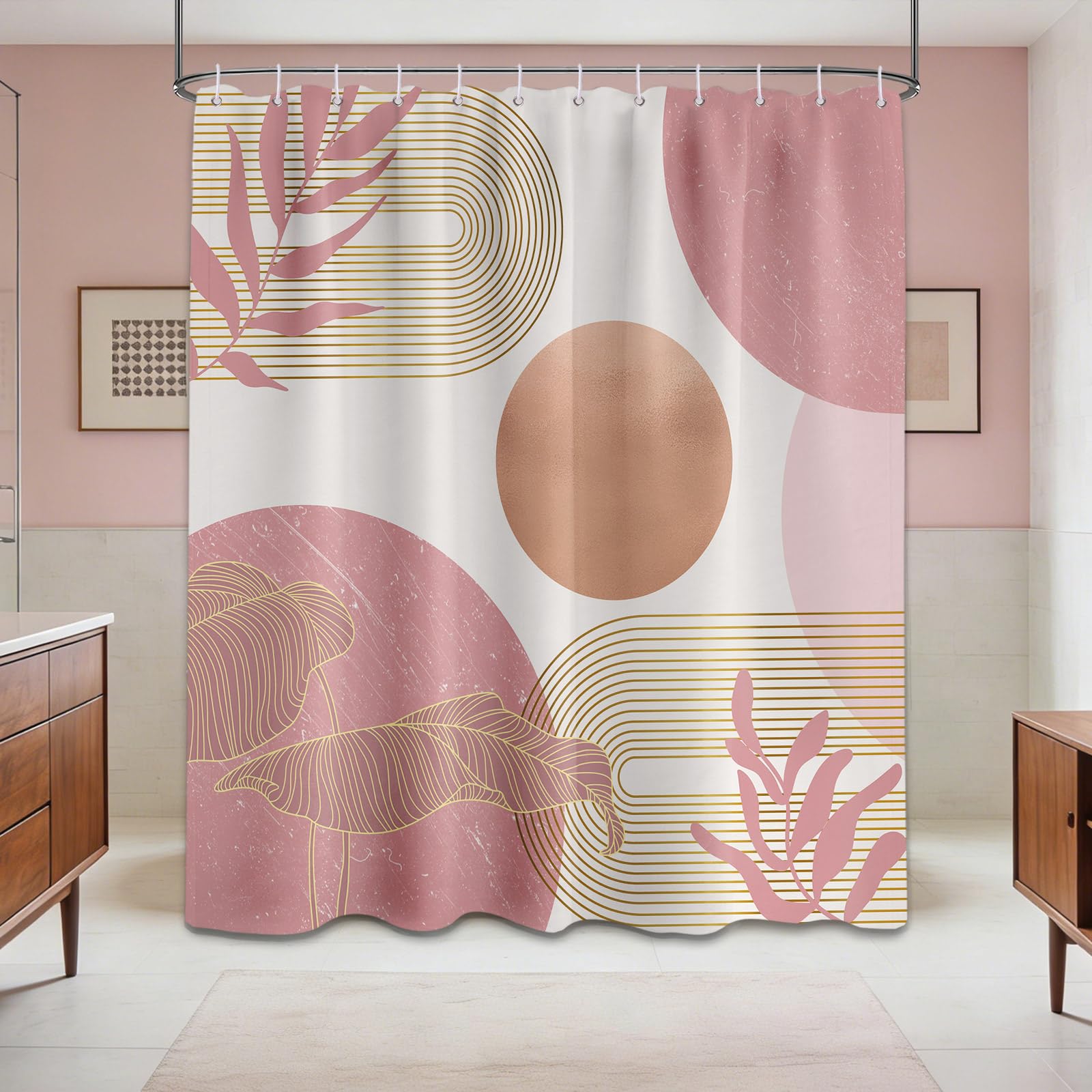 LanZanthic Blush Pink Boho Shower Curtains for Bathroom Light Pink and White Women MCM Wet Room Shower Curtain with hooks, Mould Proof Resistant, Waterproof, Washable, Fabric, 180 x 200 cm