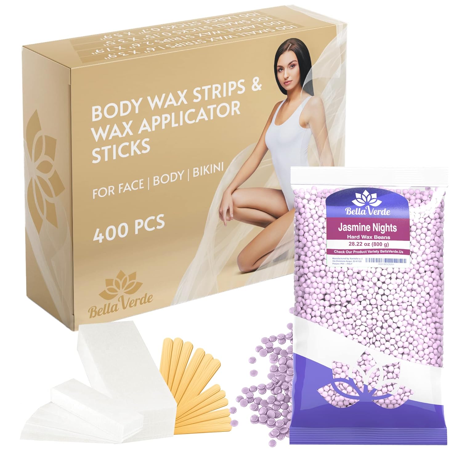 Bella Verde Wooden Wax Applicator Sticks and Non-Woven White Wax Strips - Wooden Waxing Spatulas - Wax Beans 1.76lbs - Made in Italy - Hard Wax Beads for Women and Men