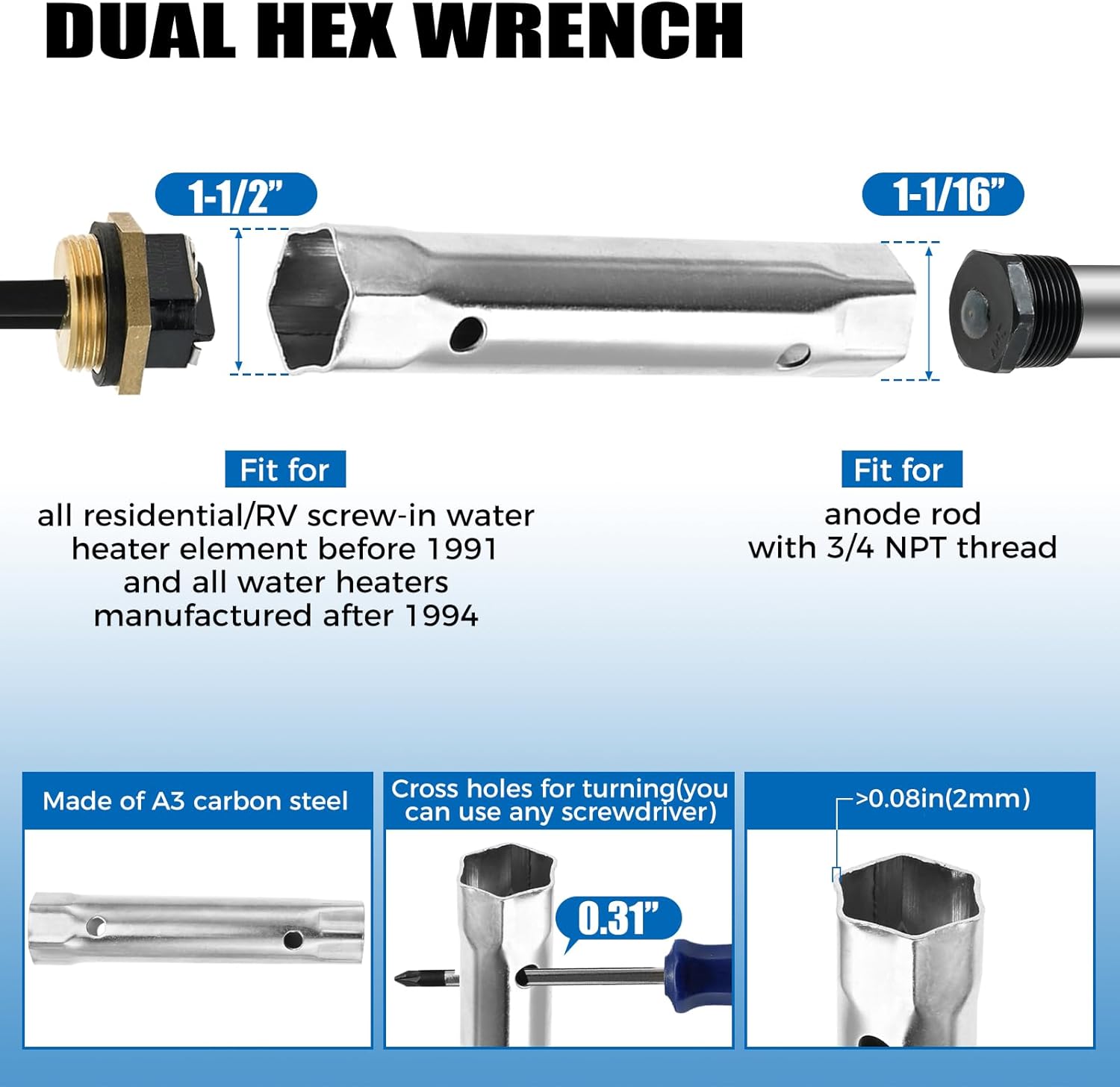 02463 02462 1500W 120V Water Heater Element, RV Water Heater Anode Rods with Dual Hex Wrench & Tape Replacement for AO Smith, Mor-Flo, Rheem Electric Tankless Water Heater