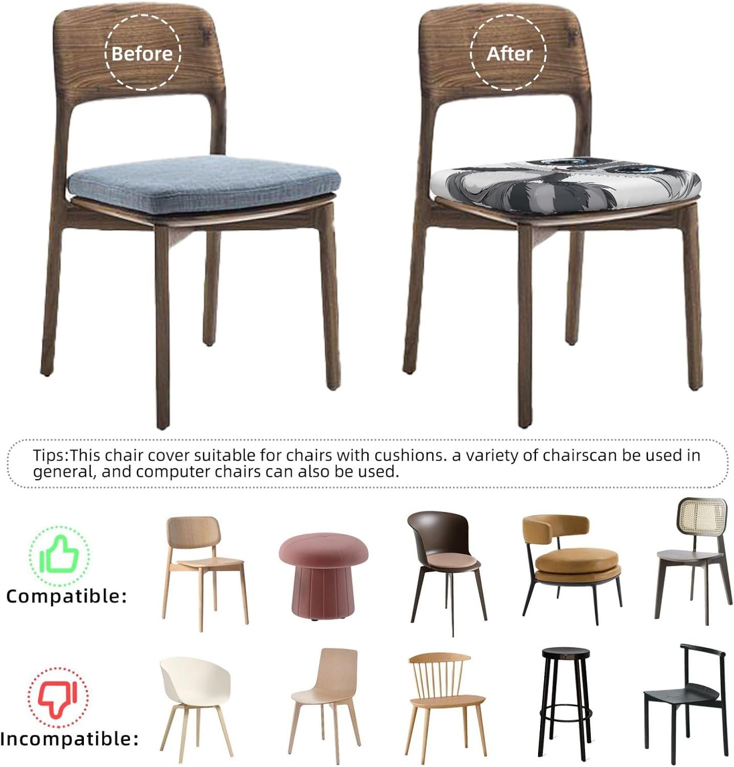 Cartoon Cute Raccoon 1 Print Square Cushion Covers 6 Pcs Set Elastic Non-Slip Seat Cushion Slipcovers Pet Furniture Protectors for Chair, Sofa