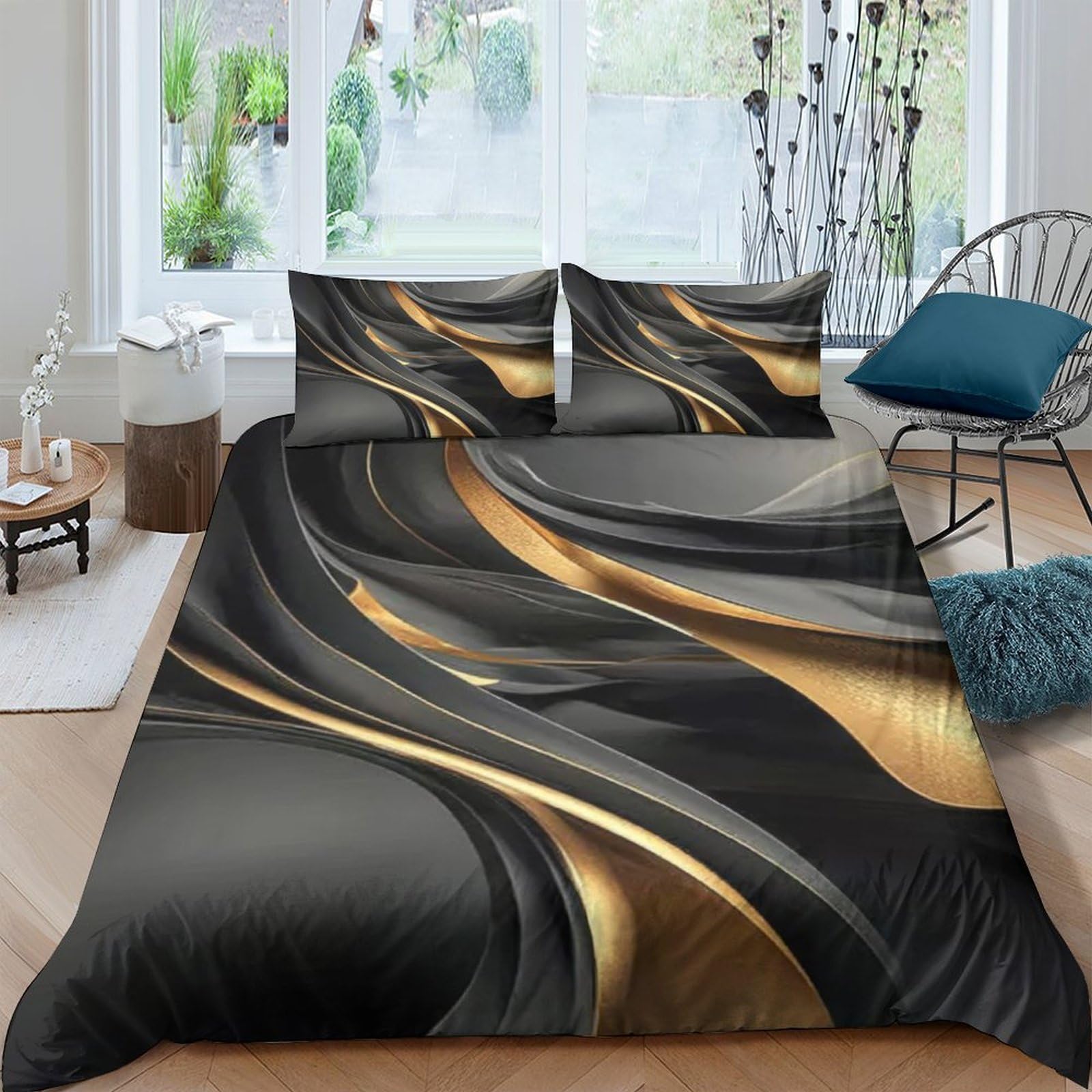 Ctjqhvkz Style-1 3D Printed Black Gold Wave Fitted Sheet Microfiber Soft Anti-Slip Abstract Swirl Bed Sheet Bedroom Guestroom Decor Single（135X200cm）