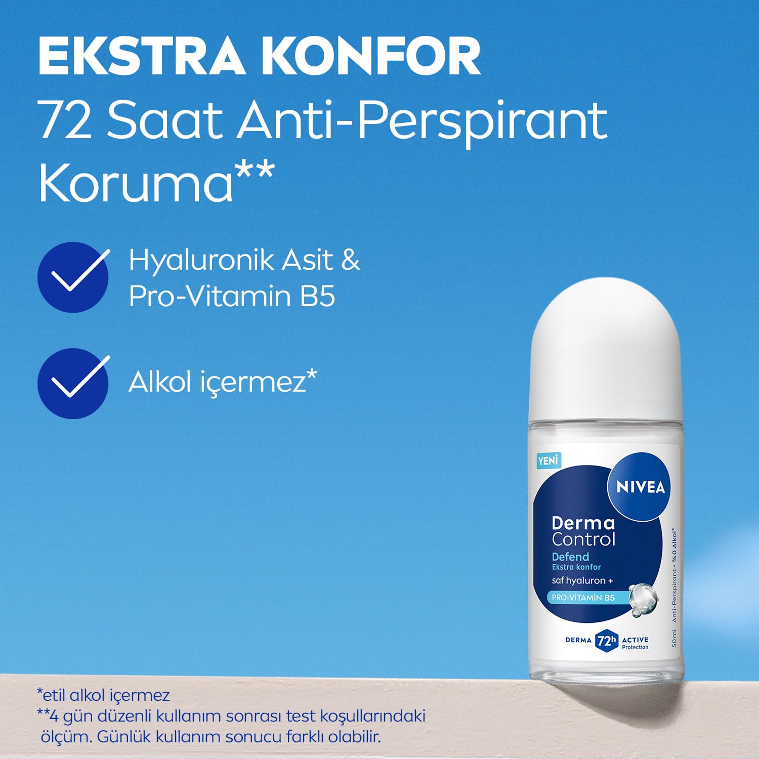 NIVEA Kadın Roll on Deodorant Derma Control Defend 50 ml,Tahrişe Karşı Koruma, 72 Saat Anti Perspirant Koruma,Alkolsüz Formül,Hyaluronik Asit, Provitamin B5