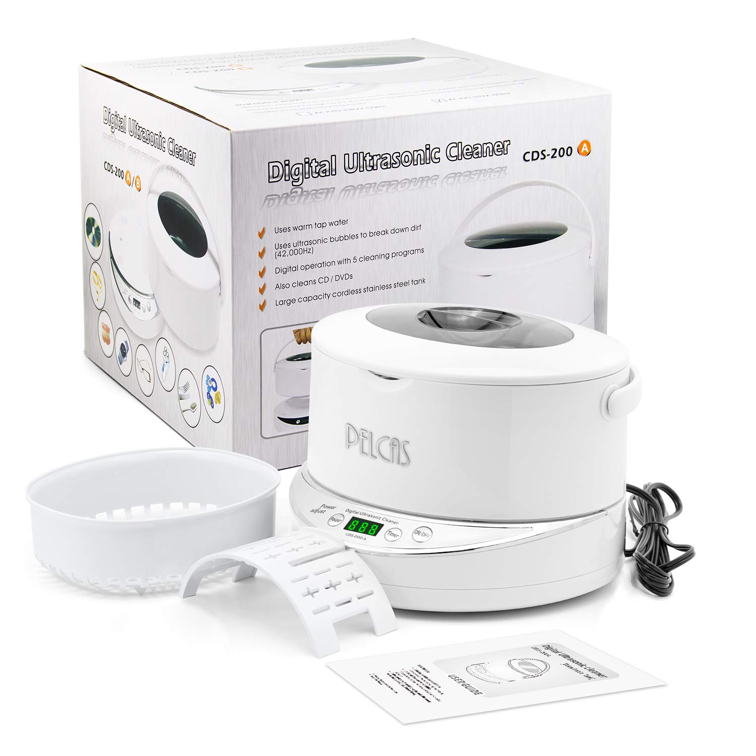 PELCAS Limpiador Ultrasonidos con 750ML Tanque Desmontable Ultrasonidos Limpieza 50W 42000HZ Limpiador Ultrasonidos Dental con 5 Temporizador Digital para Joyas Gafas Relojes Monedas CD