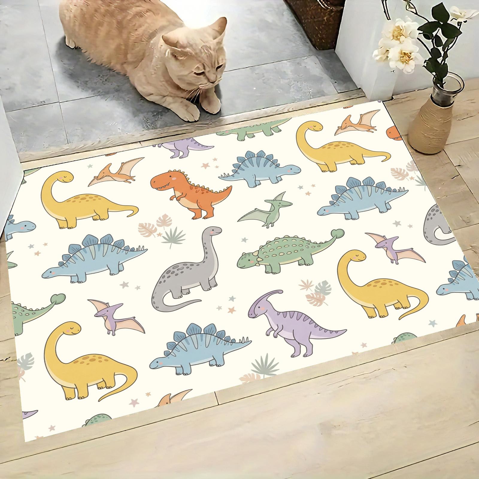 Alfombra Entrada Antideslizante, Brachiosaurus Tyrannosaurus Rex Felpudo Entrada Casa Animales Dibujos Animados Alfombrilla Perfil Bajo, Absorbente para Puerta, Pasillo, Oficina, 80x120cm