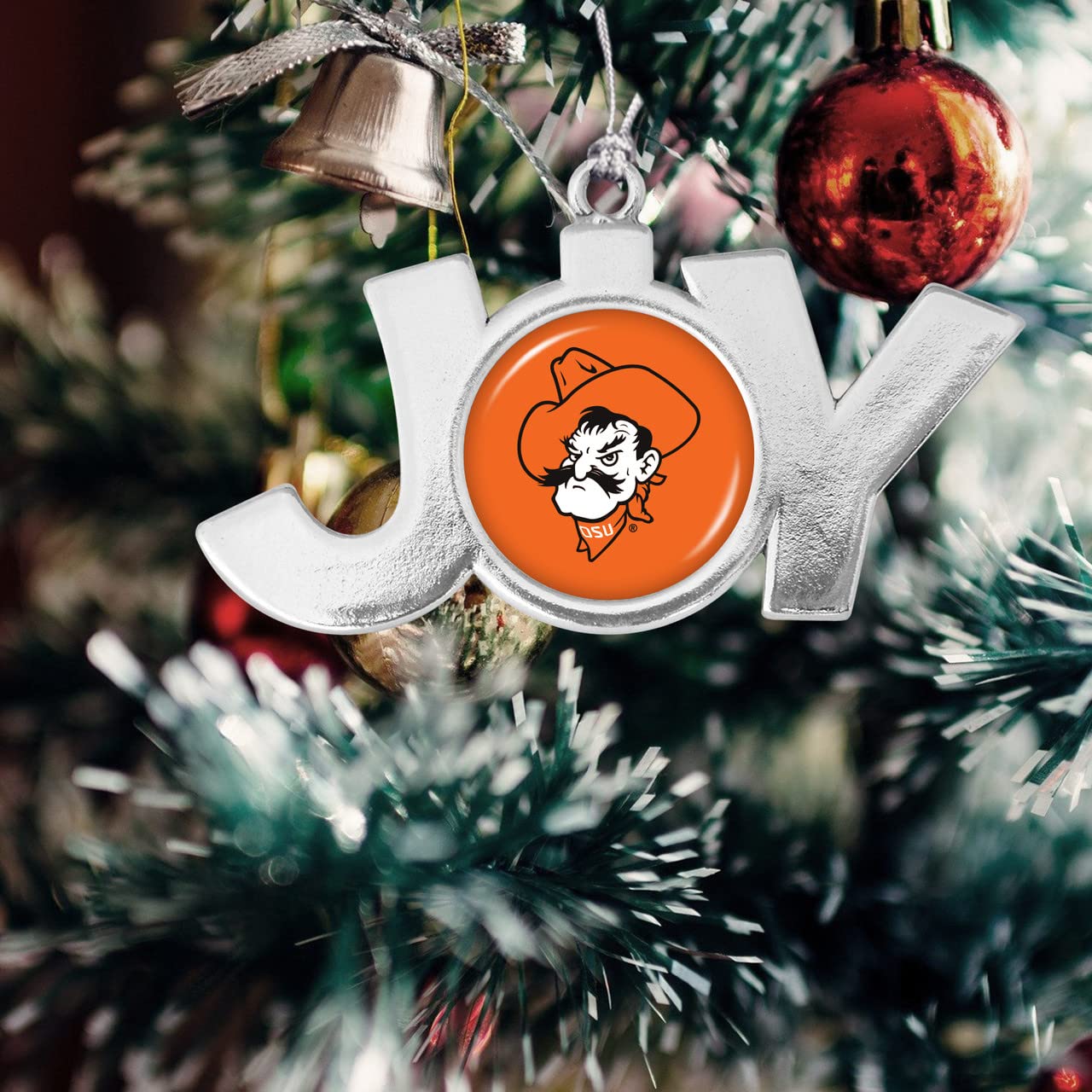 Oklahoma State Joy with Team Logo Silver Metal Christmas Ornament Gift Tree Decoration OSU