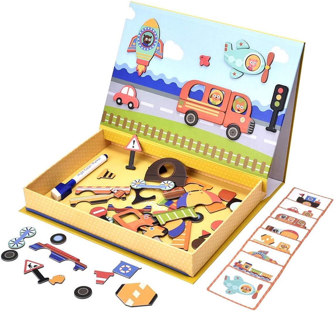 STEM Educational Toys Magnetic Puzzle, QINUKER Dry Erase Board 57 Pieces Cardboard Jigsaw Drawing Sketchpad Vehicle Learning Toy Games for 3-6 Year Old Children Kids Toddlers