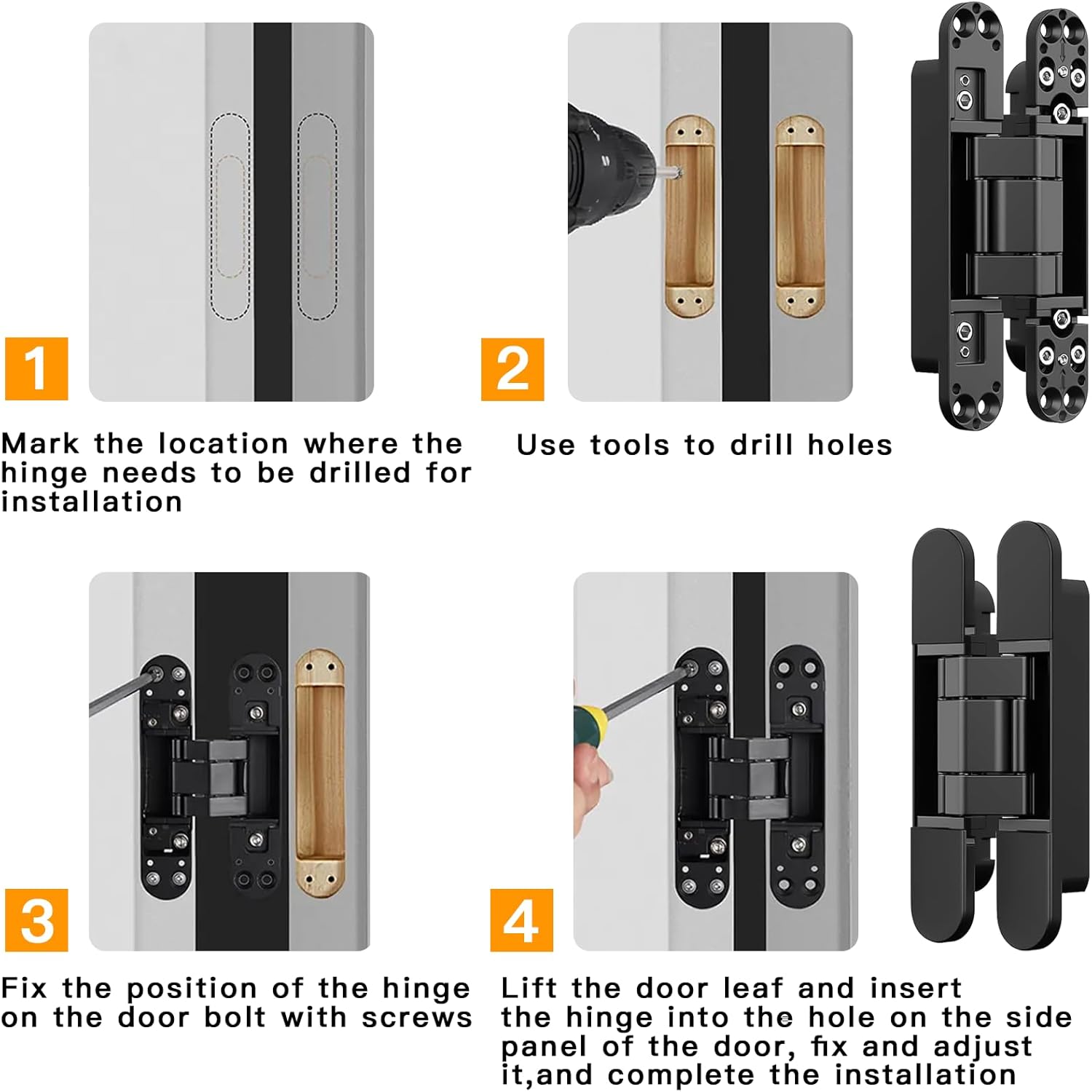 Pacify 2 Set 6" Hidden Door Hinges Upgraded Invisible Door Hinge Heavy Duty Concealed Hinges Adjustable 180 Degree Swing Outswing 3D Hinges with Capacity up to 88lb (2 Pack Black-6Inches)