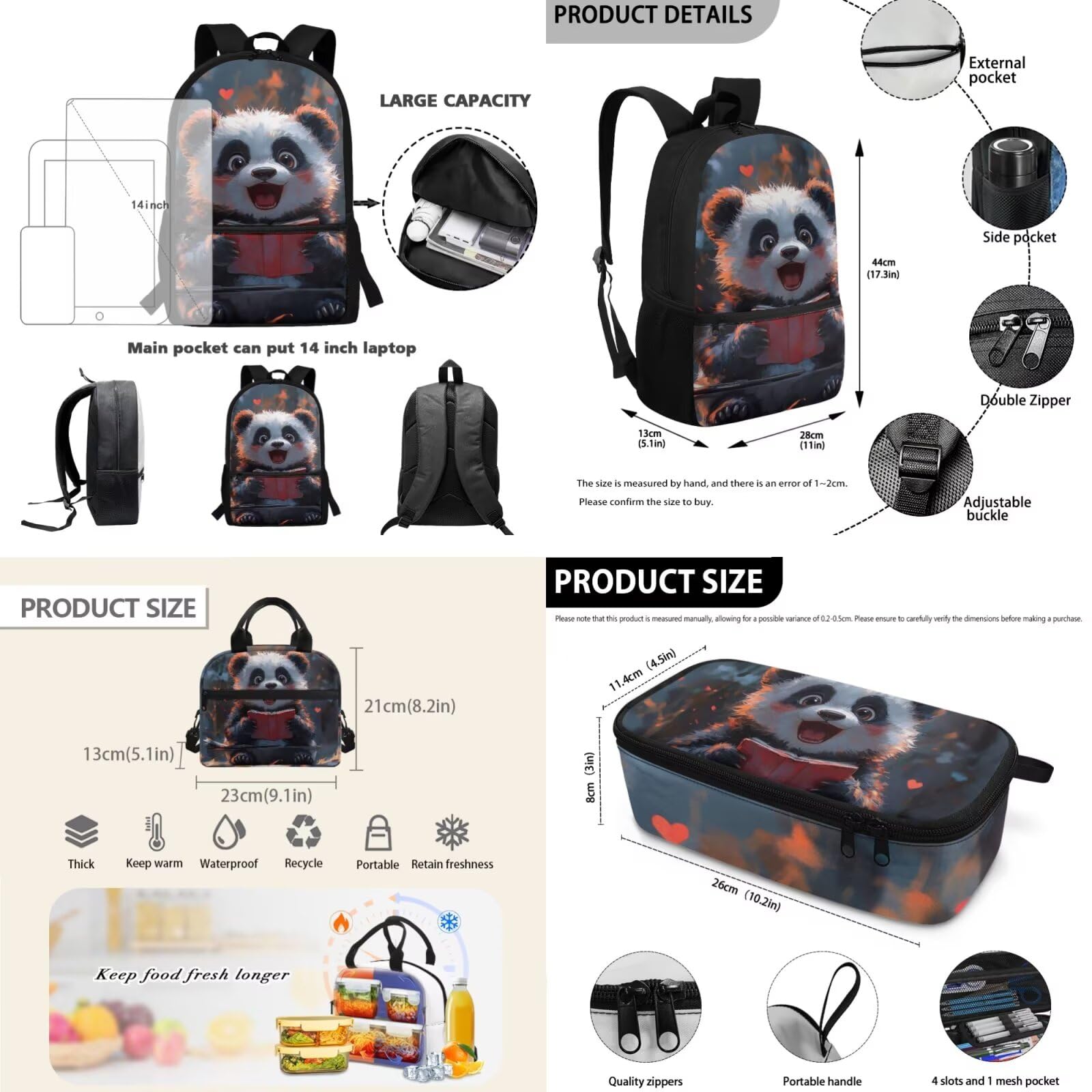 HUGS IDEA Set di 3 zaini per bambini con borsa per il pranzo, portapenne, borsa per libri scolastici