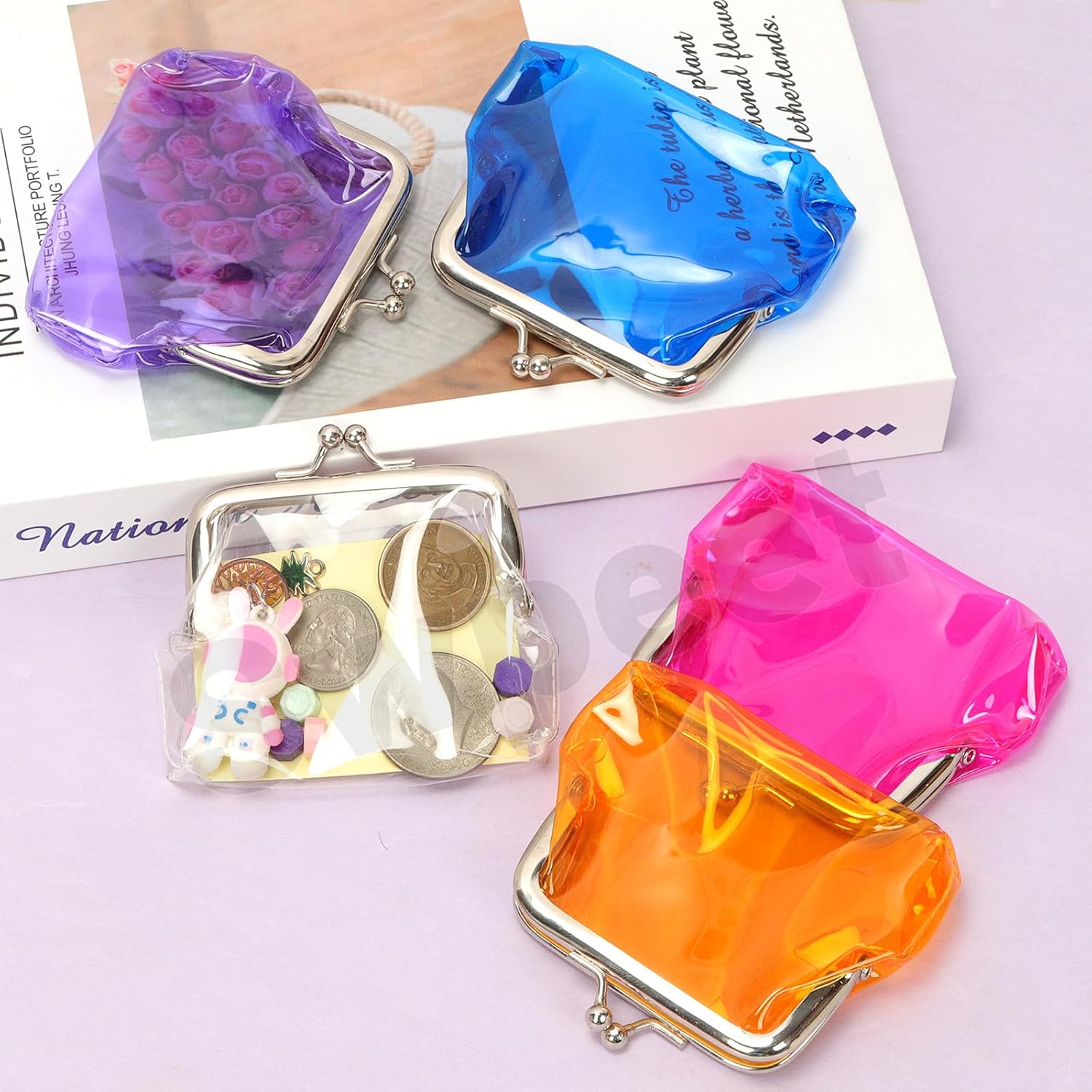 Swpeet 5Pcs Clear Kiss Lock Change Pouch Kit, Waterproof PVC Transparent Coin Purse, Small Plastic Clear Wallet, Vintage Mini Money Bags, Portable Coin Bags for Jewelry/Keys/Coin/Cash Carrying