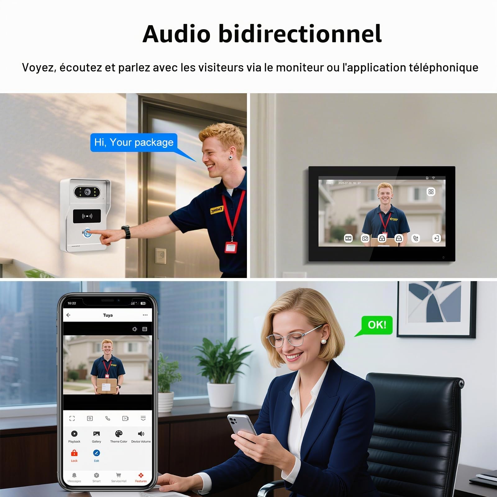 2 Fils WiFi Tuya Système Interphone Vidéo pour la Maison, Caméra de Sonnerie Vidéo 1080P HD avec Moniteur d'écran Tactile de 7 Pouces, Audio Bidirectionnel, Débloquage de APP/Carte RFID