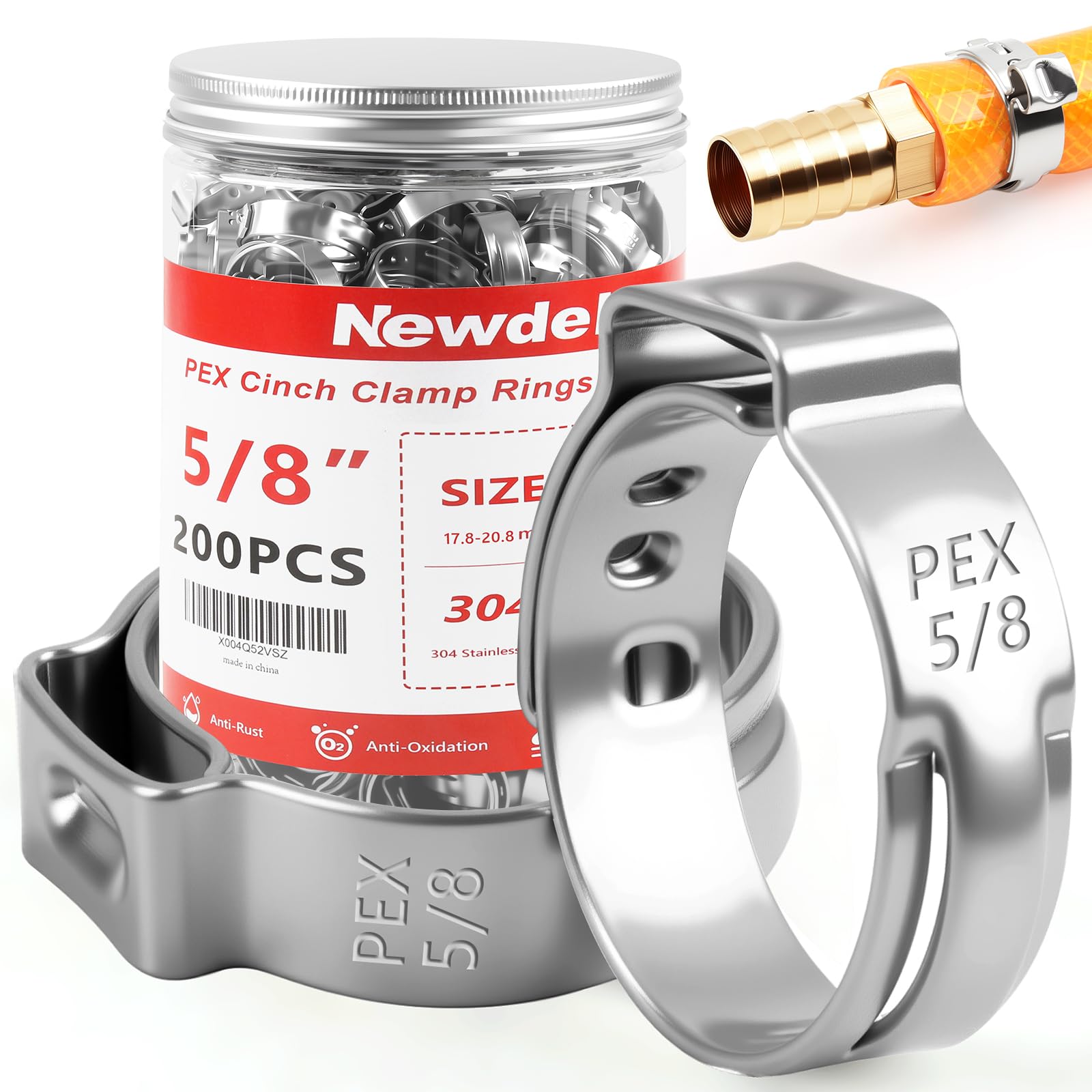 Newdeli 200pcs 5/8 inch Pex Crimp Rings Stainless Steel PEX Clamps Single Ear Hose Clamps Pex Fittings Cinch Pinch Clamp for Pipe Tubing Plumbing
