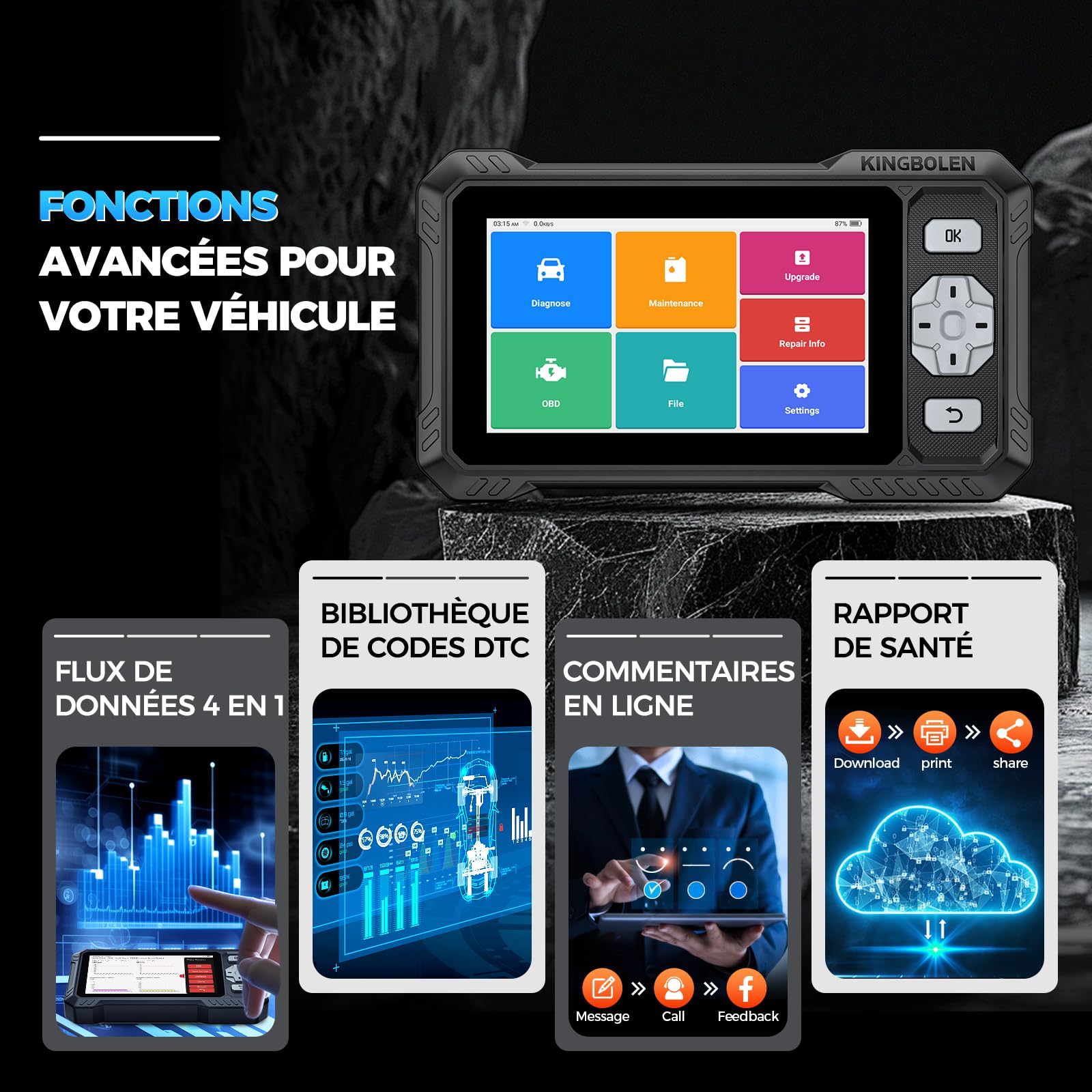 KINGBOLEN S608 Valise Diagnostic Auto, OBD2 Diagnostic Français pour 4 Systèmes ABS SRS Transmission Moteur, Tests Actifs Bidirectionnels, 9 Réinitialisations, CANFD＆FCA, Mise à Jour Gratuite