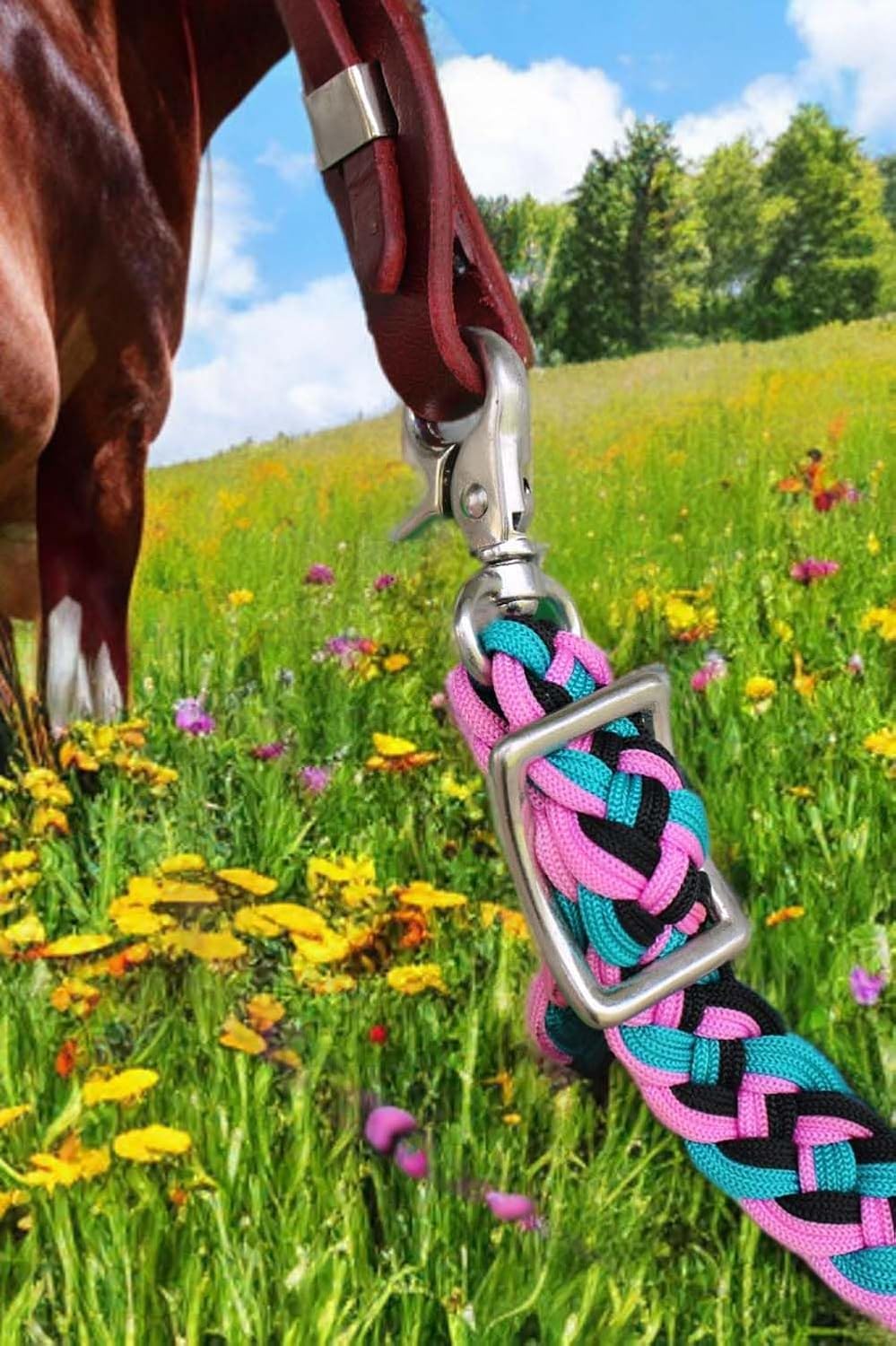 CHALLENGER Horse Western Nylon Braided Roping Knotted Barrel Reins Pink Black Blue 607514