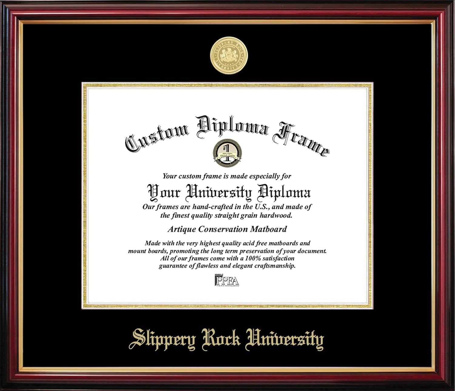 Campus Images Slippery Rock University – 8.5 x 11 Petite Mahogany Frame with Gold Trim & Medallion, Black & Gold Matting