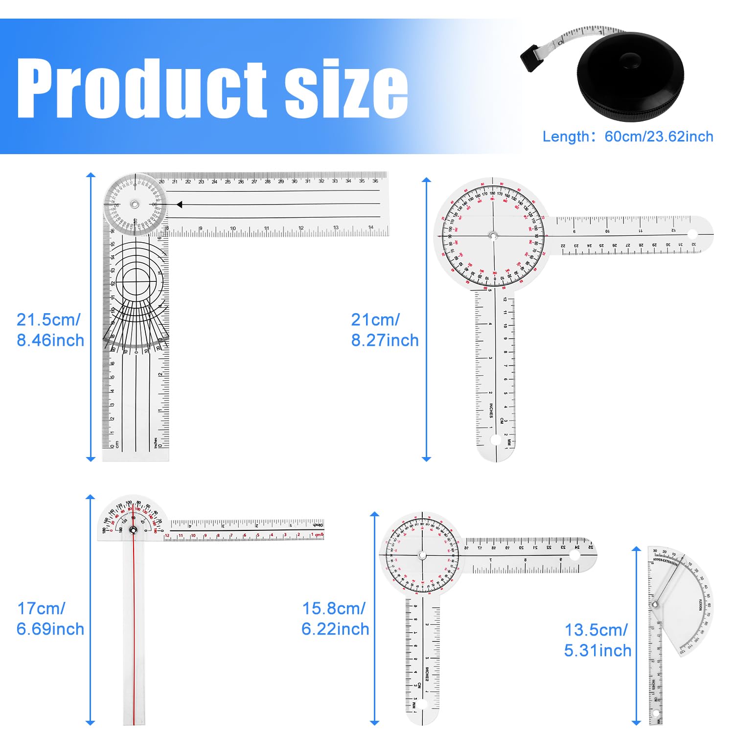 Set di 6 goniometri da 20,3 cm, 15,2 cm, 180, 360, dito, spinale, metro a nastro, goniometro per dita della colonna vertebrale, per misurazione del corpo, goniometro e righello