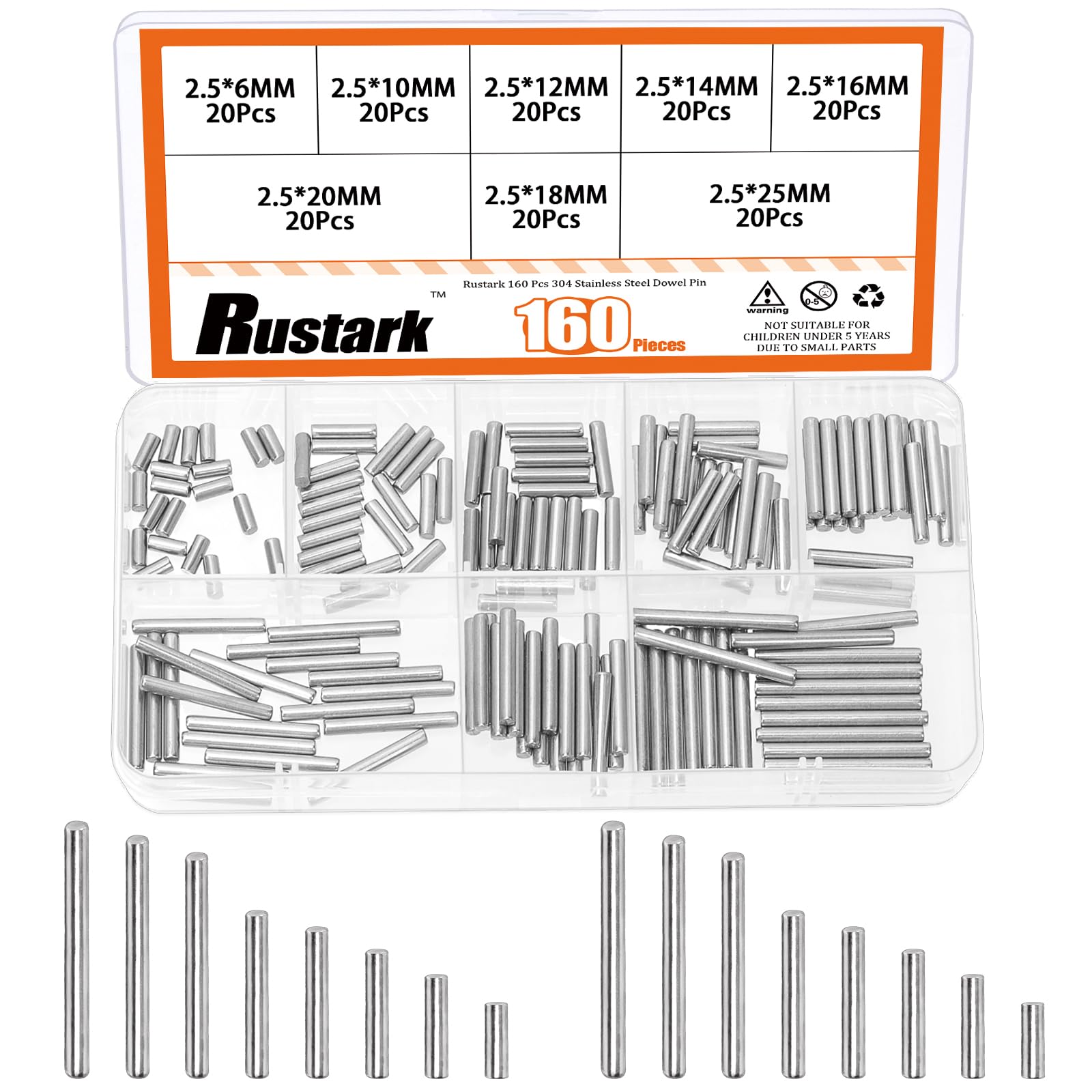 Rustark 160Pcs M2.5 304 Stainless Steel Dowel Pin Assortment Kit Cylindrical Shelf Support Pegs Pin Rod Fastener Elements for Mechanical Manufacturing Industry