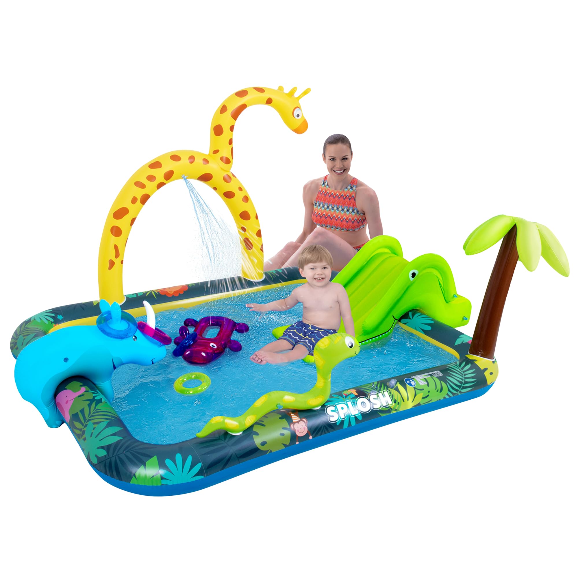 Splosh Multi-Colour Jungle Animal Activity Paddling Pool - Fun Spray & Splash Pool With Slide For Kids Age 2-5 - Bonus Inflatable Ring Toss Game - Toddler Swimming Pool - Size 2.6M X 1.9M / 20Cm Pool Depth
