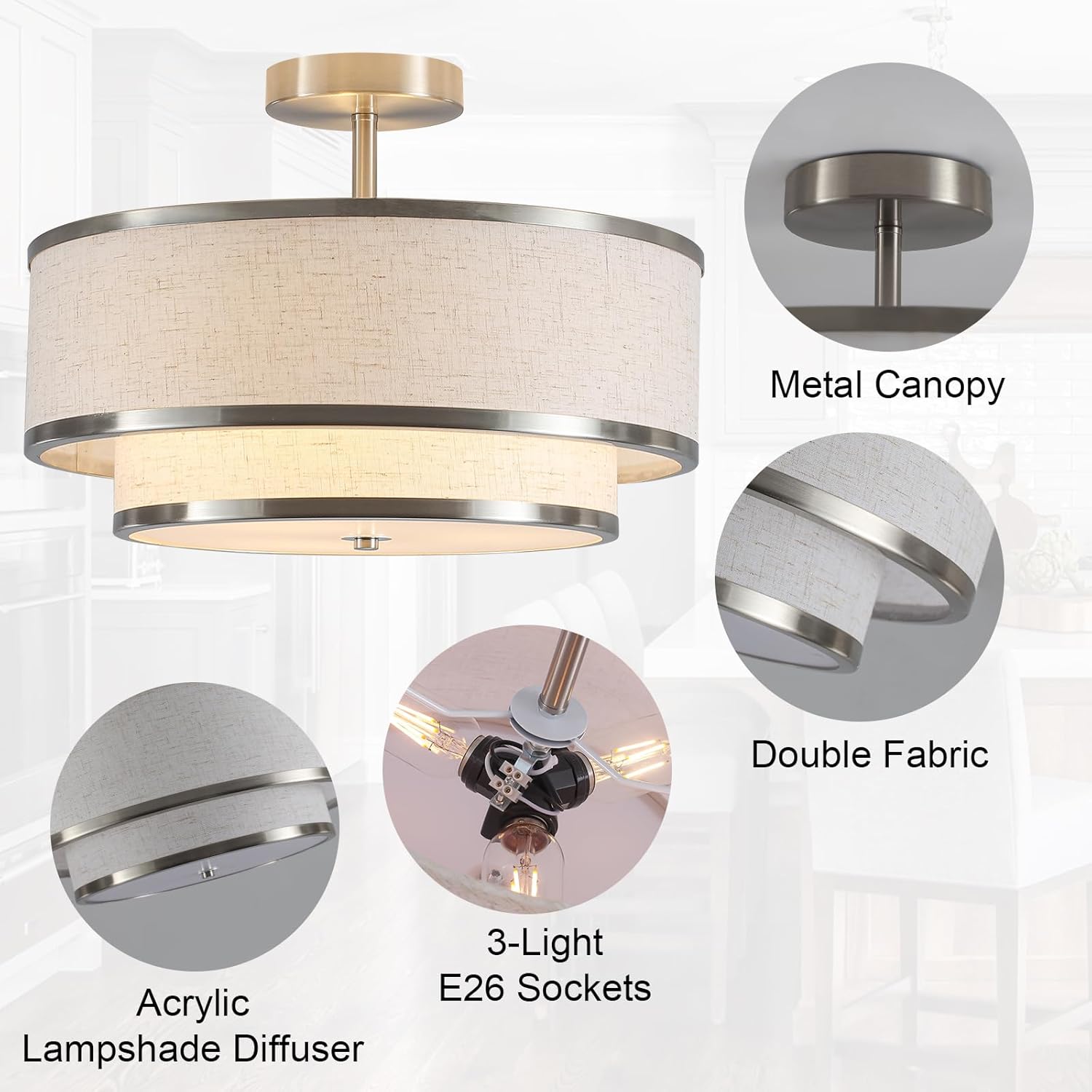 Farmhouse Close to Ceiling Light, 3-Light Flush Mount Ceiling Light Fixture with 2-Layer Fabric Shade, Modern Drum Ceiling Lamp for Hallway Bedroom Living Room (Brushed Nickel)