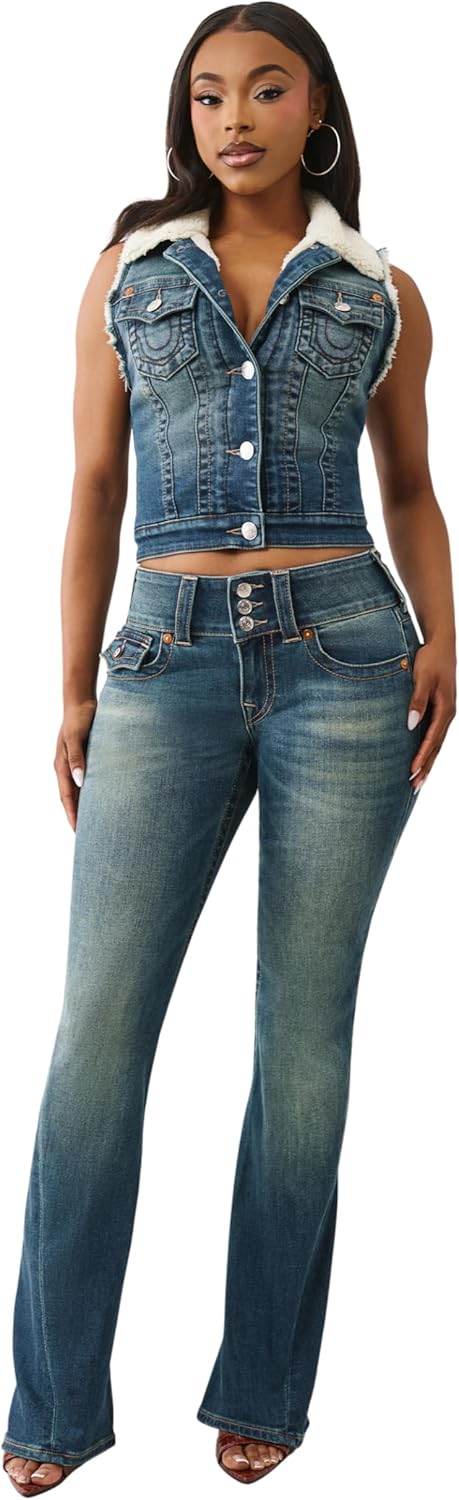 True Religion Y2K Joey Mid Rise Flare Jeans – Retro Flare Fit with Big T Flap Pockets