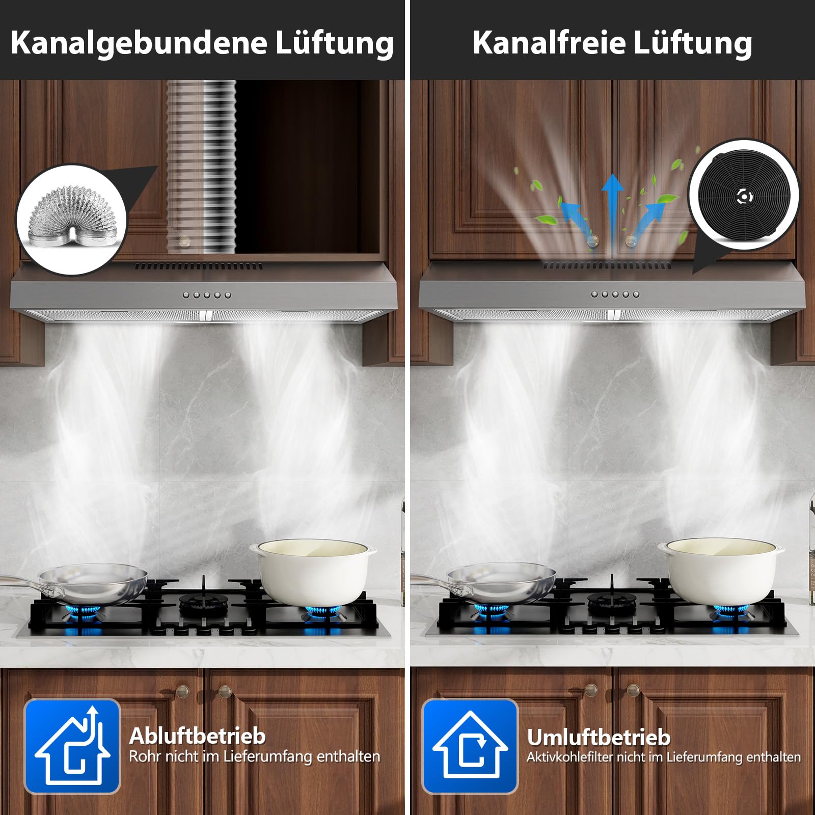 TopStrong 60cm Unterbau Dunstabzugshaube, 250m³/h Slim Küchenabzugshaube, 3 Stufen, A+ Energieklasse, LED Licht, 430 Edelstahl, Umluft & Abluft Abzugshaube