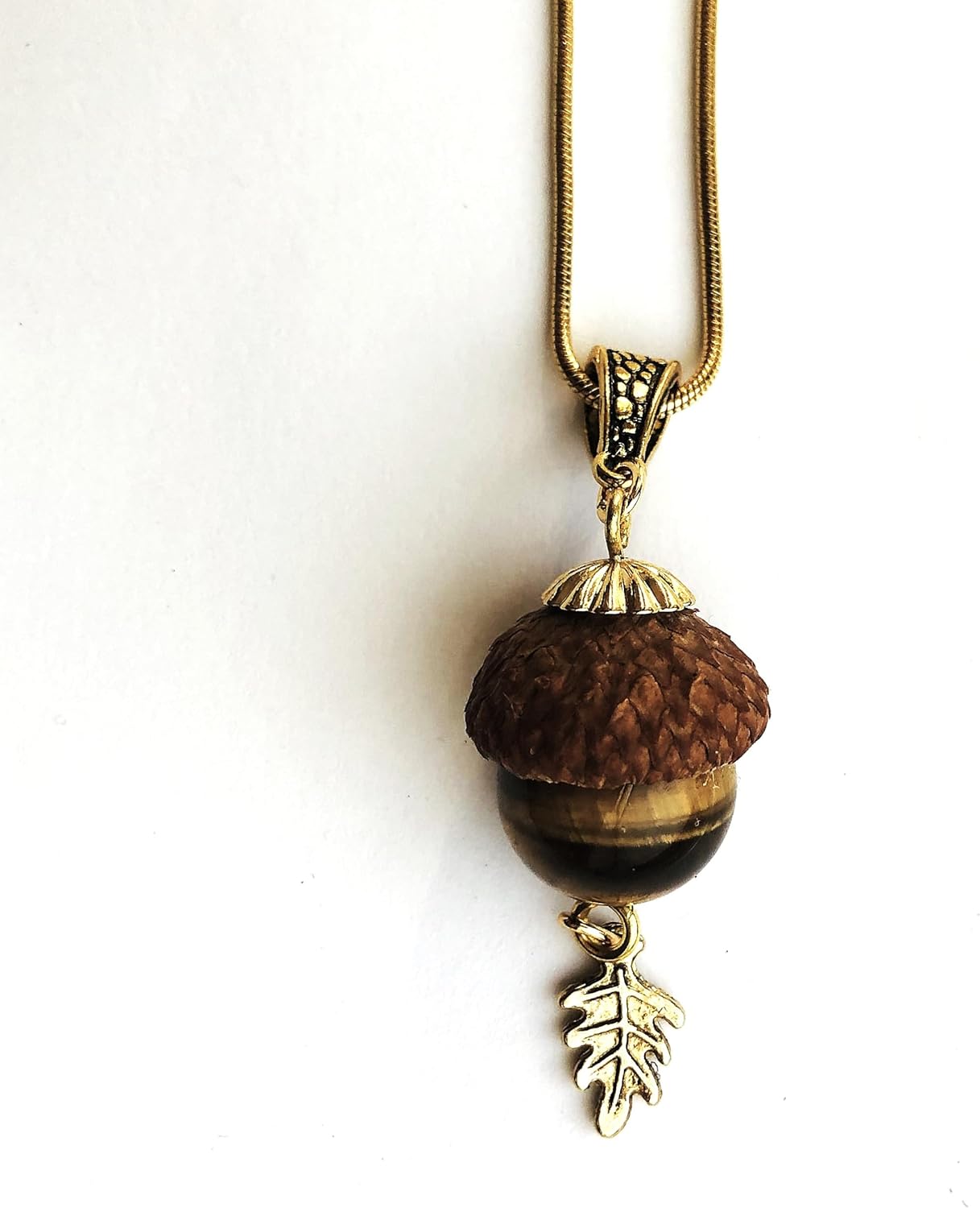 Autumn Jewelry Acorn Large Tiger Eye Bead Pendant, Oak Tree Small Leaf, Natural acorn cap, Gold filled snake chain - Image 3