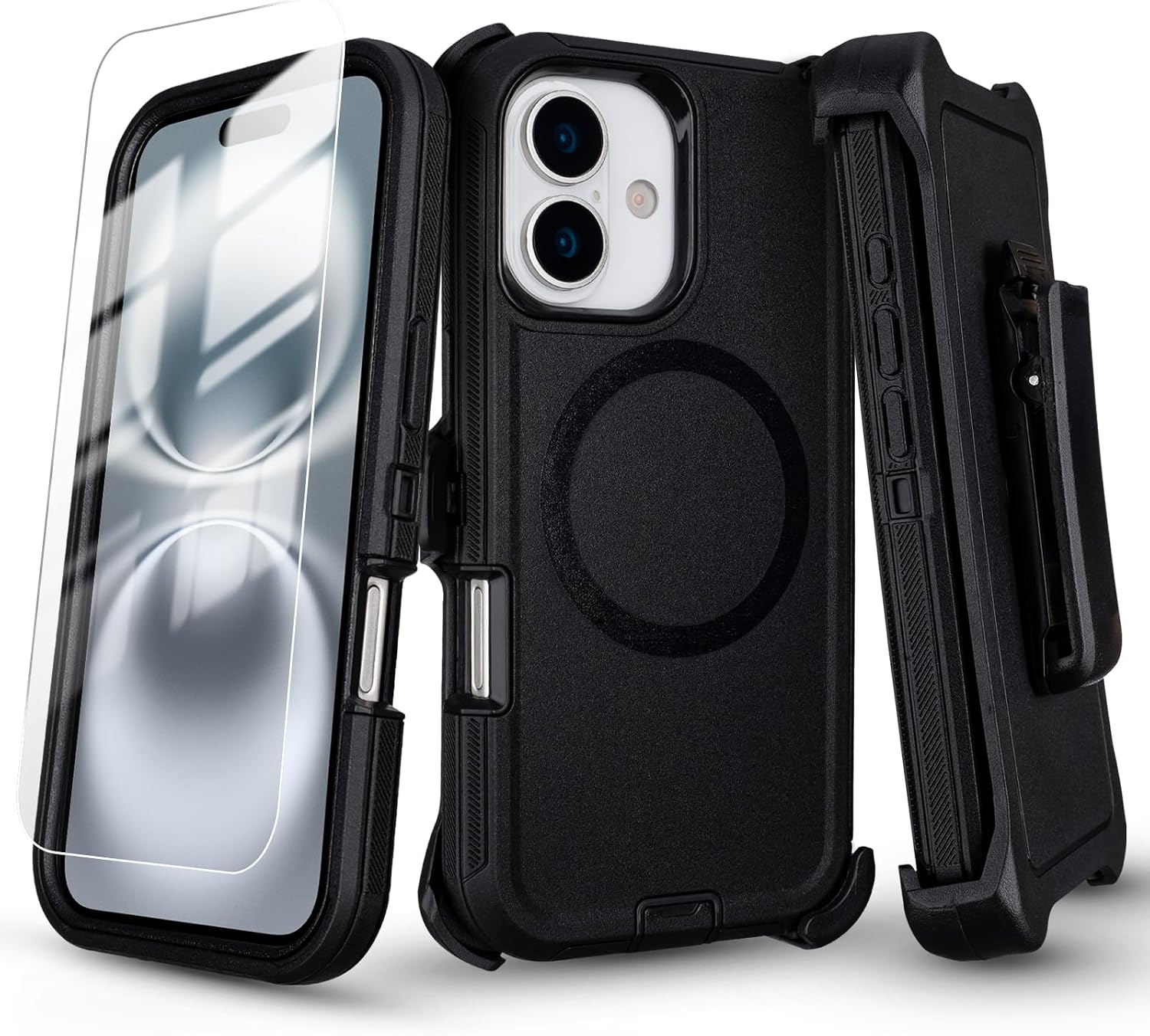 Defender for iPhone 16 Case with Belt Clip Holster+ Screen Protector, Black thumbnail