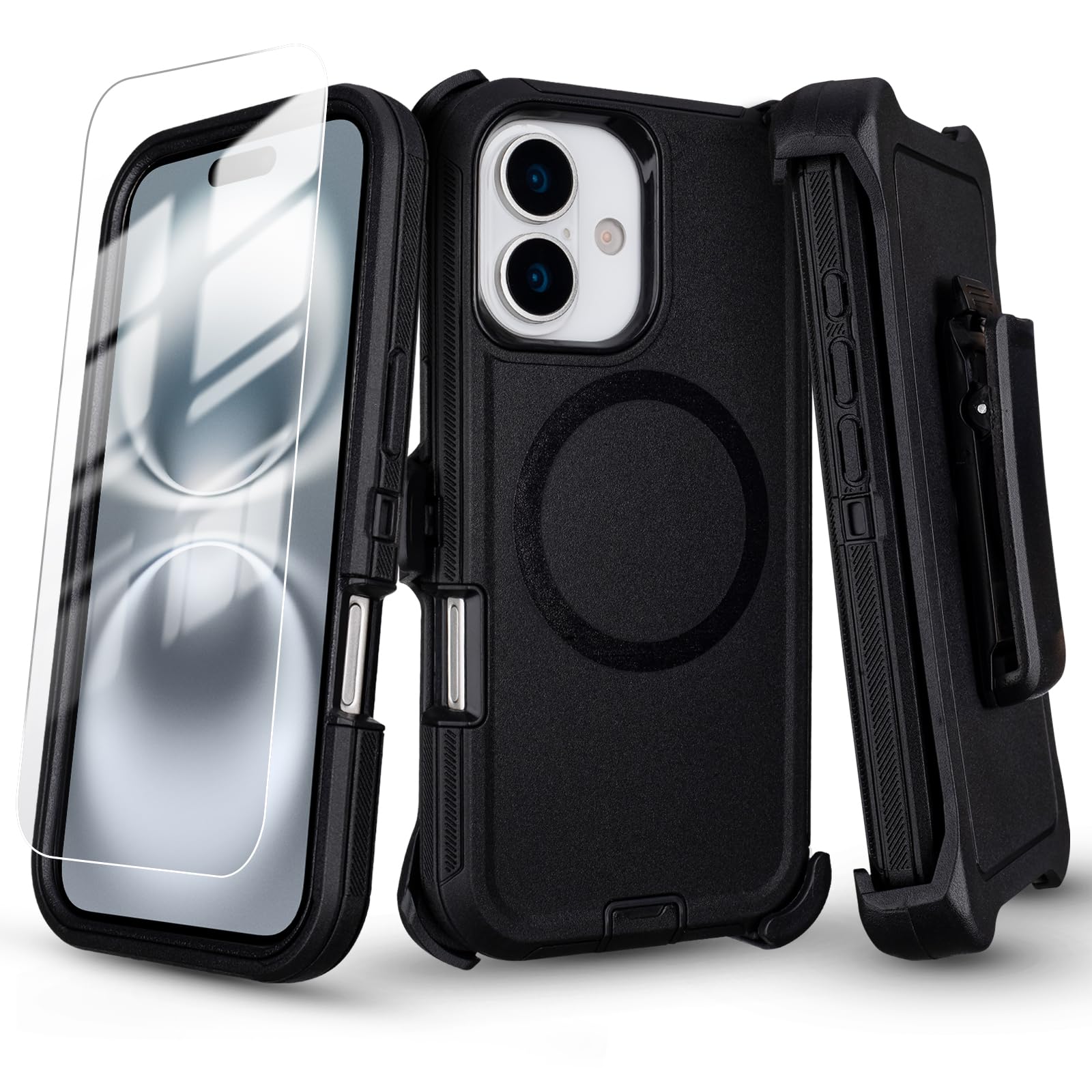 Defender for iPhone 16 Case with Belt Clip Holster+ Screen Protector, Black | Compatible…