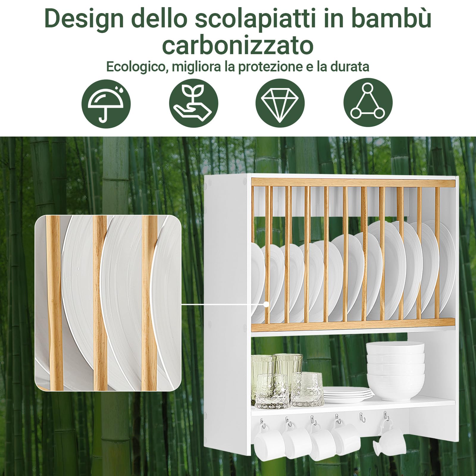 SoBuy Porta Piatti d'angolo, 11 piatti & 7 ganci, bianco, 64x71x24cm | Pensile Cucina con ripiano, asciuga stoviglie & salva spazio, portata 10 kg, MDF/legno, cucina & sala da pranzo, KCR09-W