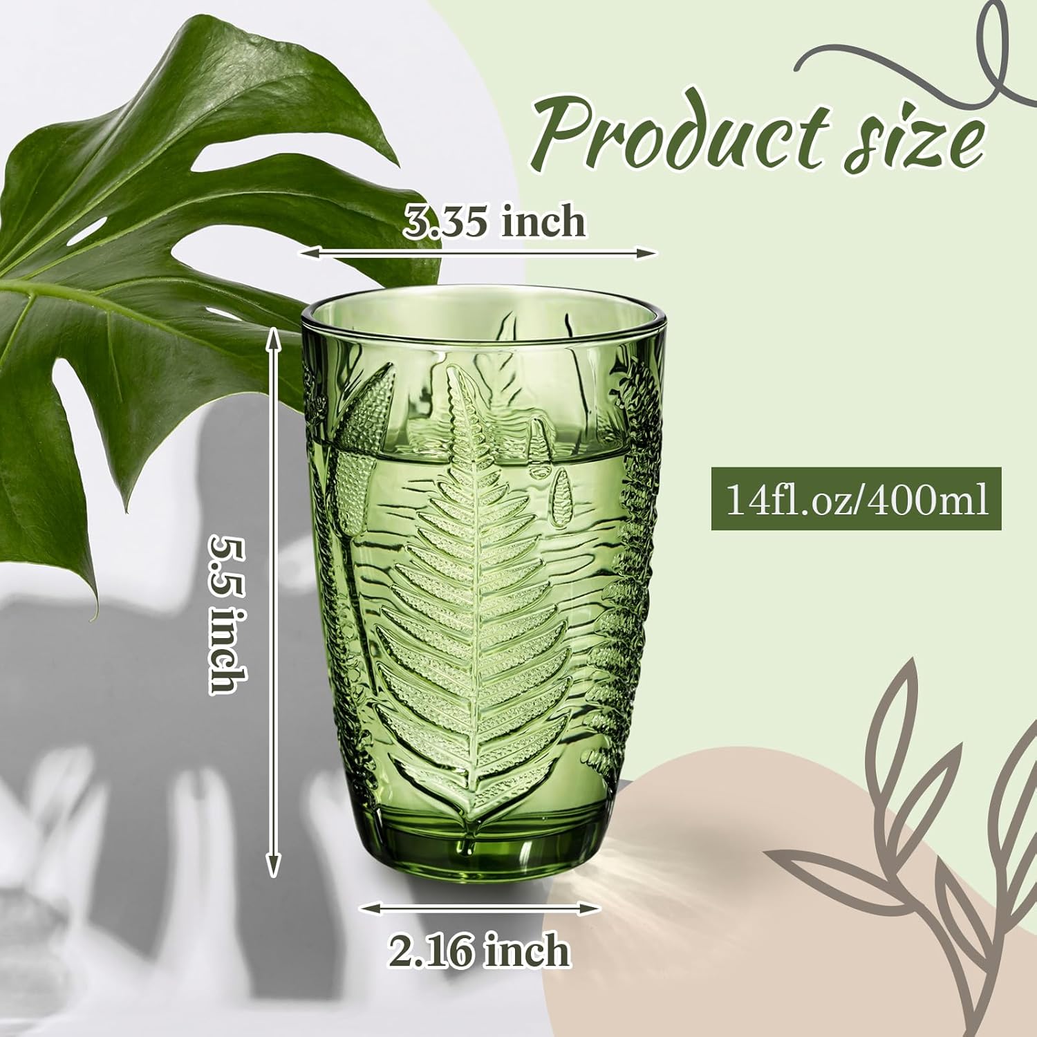 Reallnaive Green Drinking Glasses Set of 8, Boho Aesthetic Vintage Glassware Fern Paisley Carving Textured Tumbler Water Cups Embossed Pattern Drinkware Cocktail Set for Xmas Gifts(14 oz,Highball)