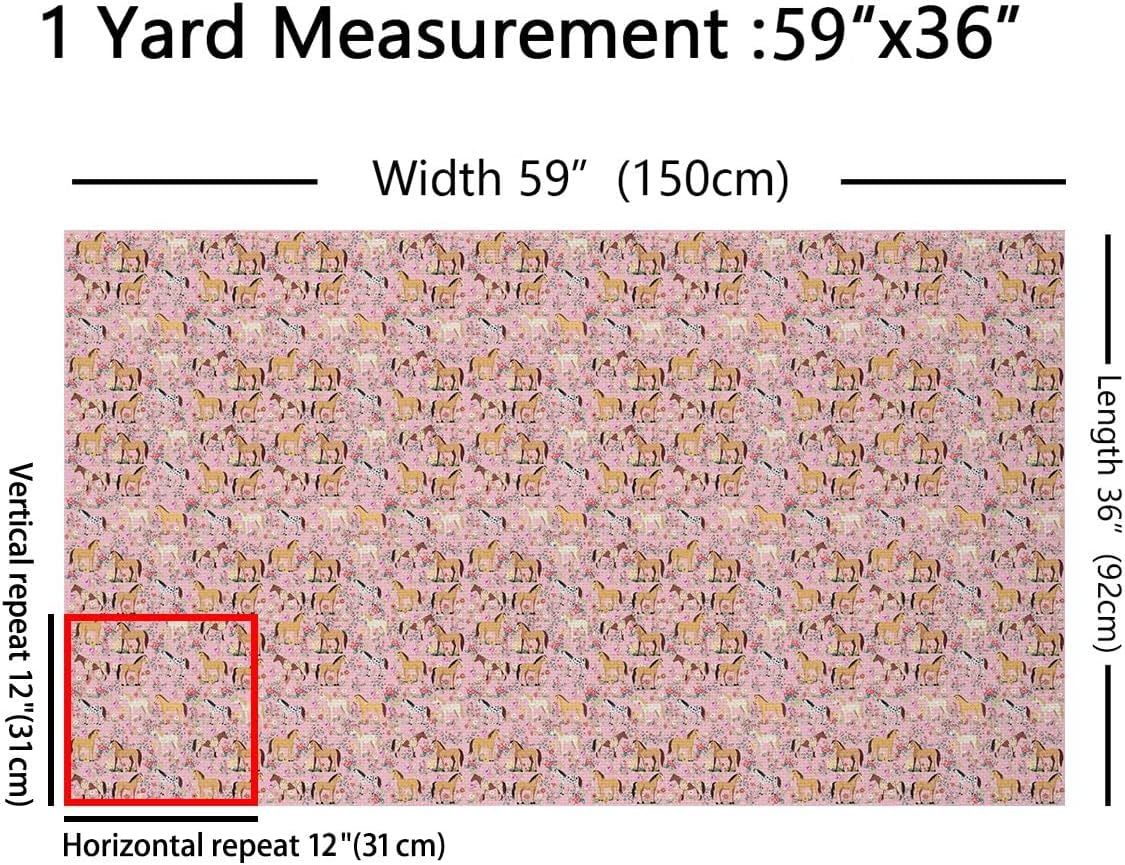 Horse Fabric by The Yard 2 Yards Cute Animal Horses Flowers Decorative Waterproof Horse Lovers Upholstery Fabric for Chairs Farmhouse Pink Outdoor