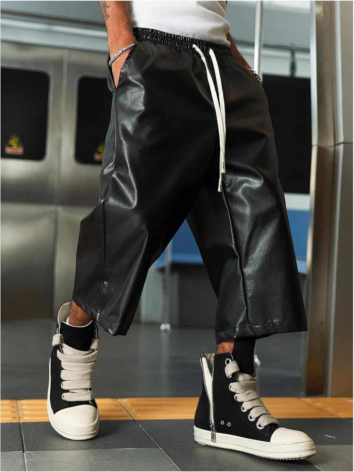 Verdusa Men's PU Leather Shorts Hip Hop Capris Wide Leg Bermuda Shorts with Pockets - Image 3