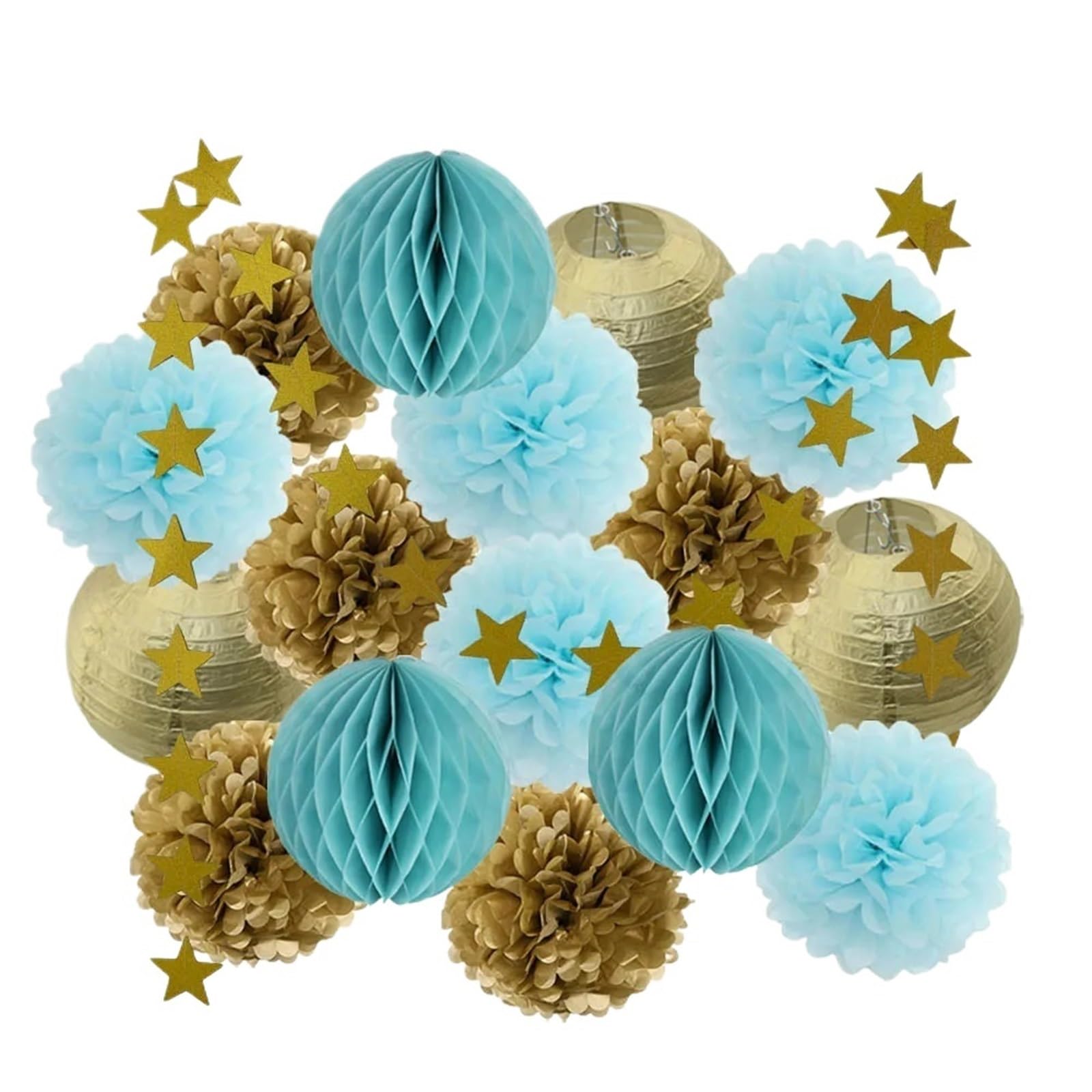 Paper Pom Poms Decorations Wedding Ceremony Events Decor Gold Paper Lanterns Honeycomb Red Tissue Pompom for Party Supplies(Gold Light Blue)
