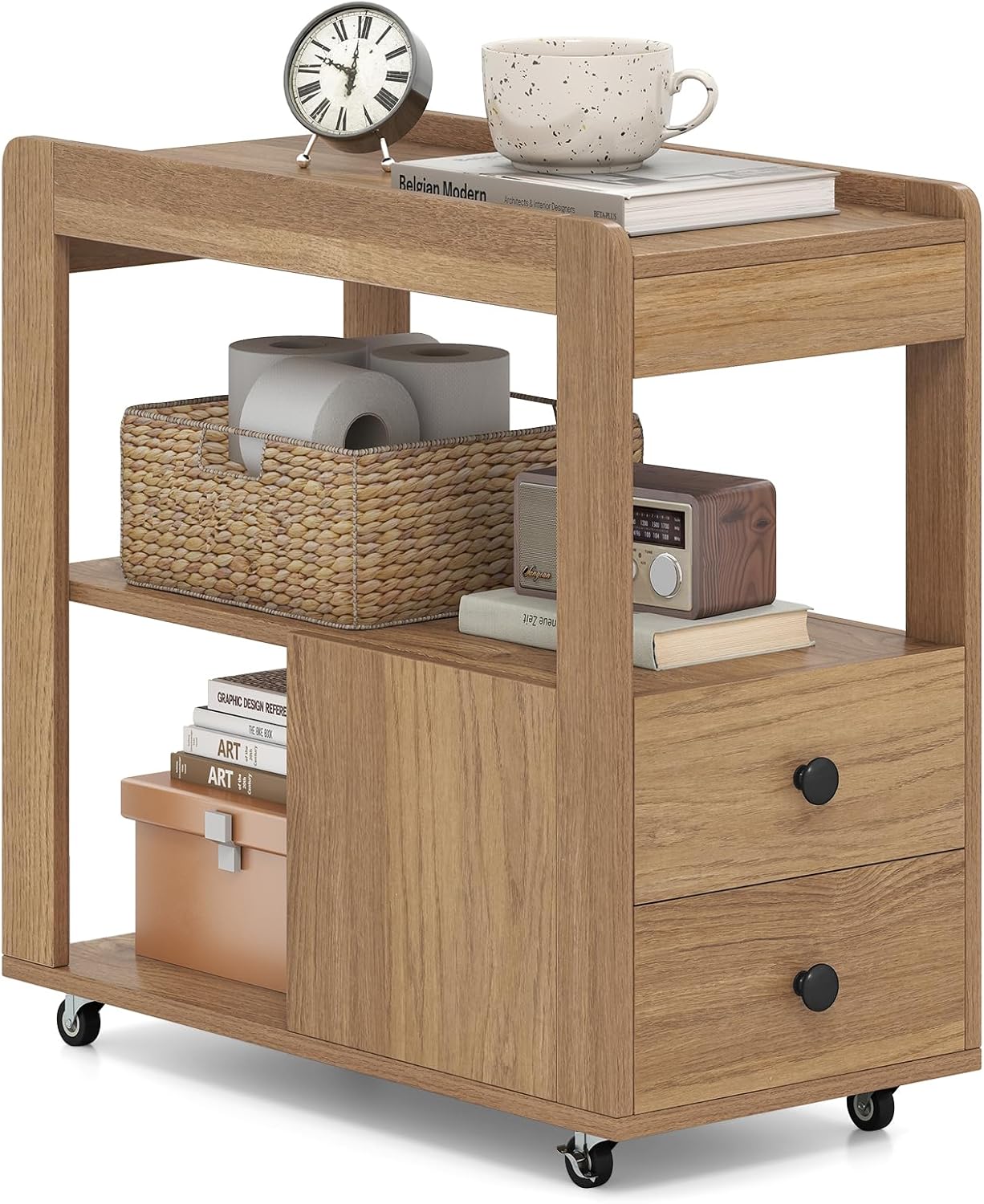 COSTWAY Narrow Side Table in natural wood finish, positioned between two sofas, with a lamp and cup on top.
