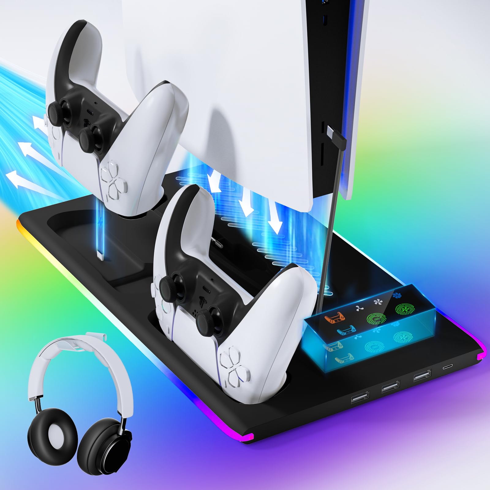 Soporte para PS5 y PS5 Slim con Ventilador de 3 Velocidades, Cargador para PS5 & Edge Mando con Luz RGB y 3 USB HUB, para Disc & Digital(Negro)