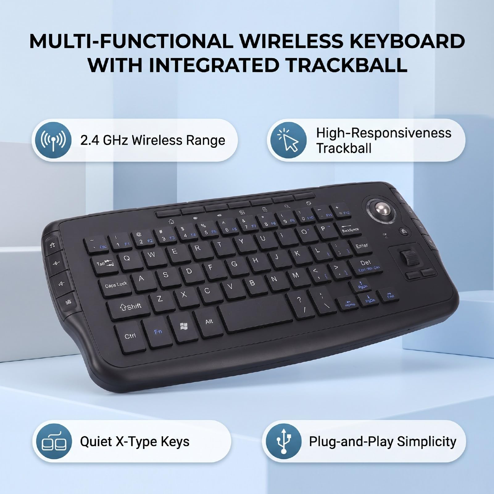 Teclado Inalámbrico con Trackball, Teclado Completo para PC for Box, HTPC, IPTV y Consola de Juegos