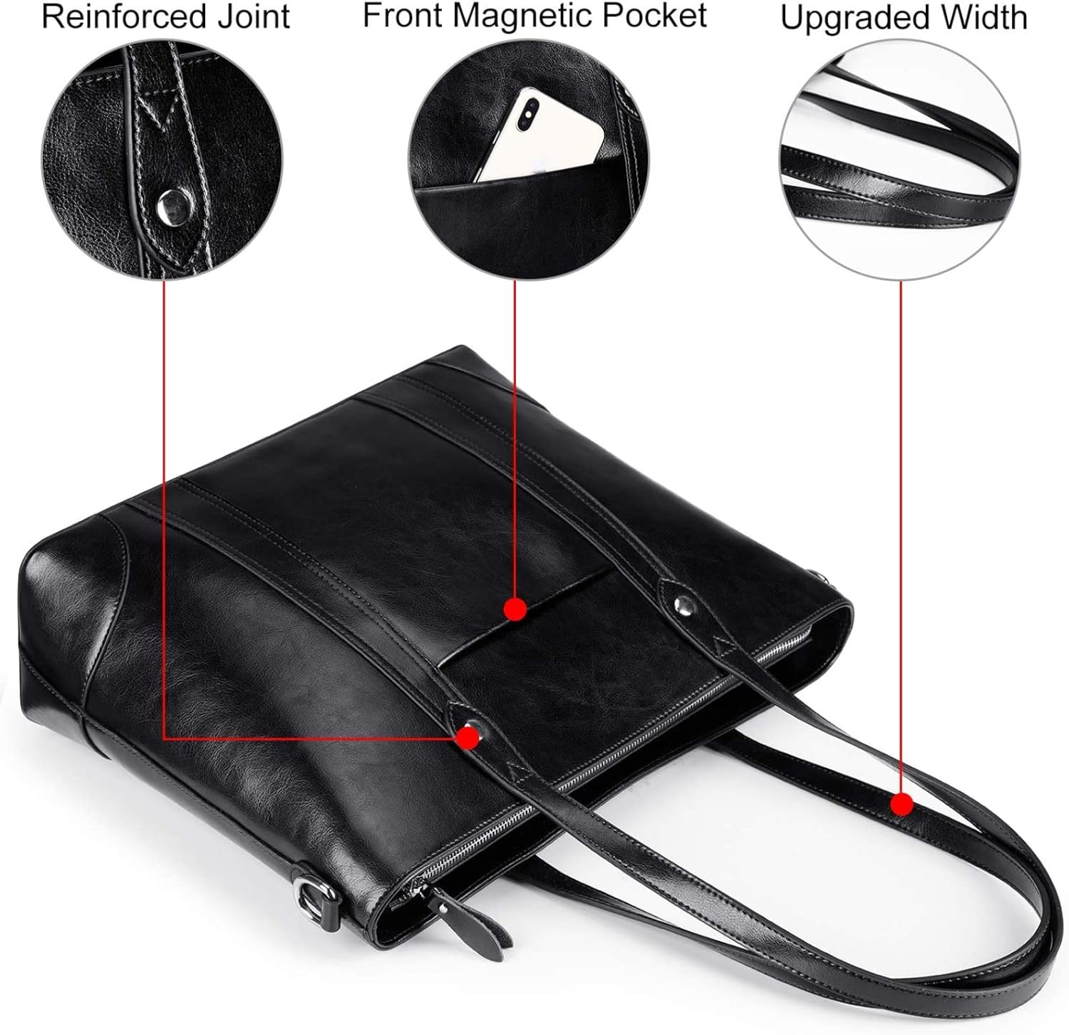 S-ZONE Leather Tote Bag for Women Office Shoulder Handbag 15.6 Inch Work Laptop Briefcase | Leather, Office, Shoulder, 15.6 Inch, Work, Laptop - Image 5