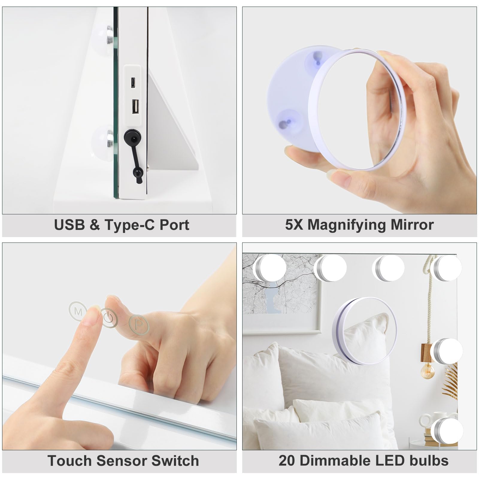 Dripex Miroir Maquillage Hollywood 20 Ampoules LED 3 Modes Luminosité Réglable Contrôle Tactile 90 x 60 cm Blanc
