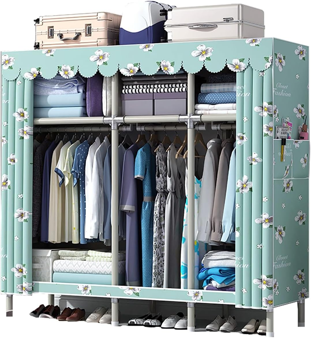 Portable Wardrobe Closet with Fabric Cover for Hanging Clothes Metal Clothing Rack with Rods, Shelves and 2 Side Pockets for Bedroom (Color : Flower, Size : 150x45x170cm)