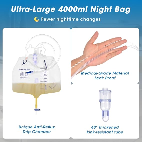 Condom Catheters for Incontinence Men, Urinary Drainage Bag Set, 4000mL Overnight Urine Bags x 1, 1000mL Urinary Leg Bags x 2, 20 Soft Latex, 5 Stabilization Device, 2 Roll Tapes Set (25mm)