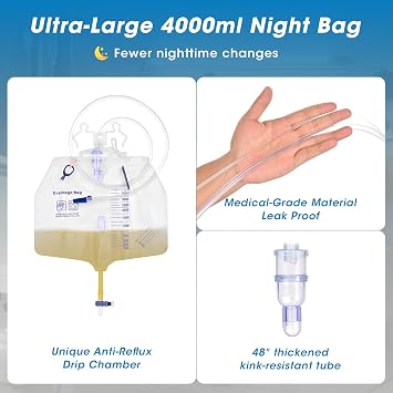 Condom Catheters for Incontinence Men, Urinary Drainage Bag Set, 4000mL Overnight Urine Bags x 1, 1000mL Urinary Leg Bags x 2, 20 Soft Latex, 5 Stabilization Device, 2 Roll Tapes Set (25mm)