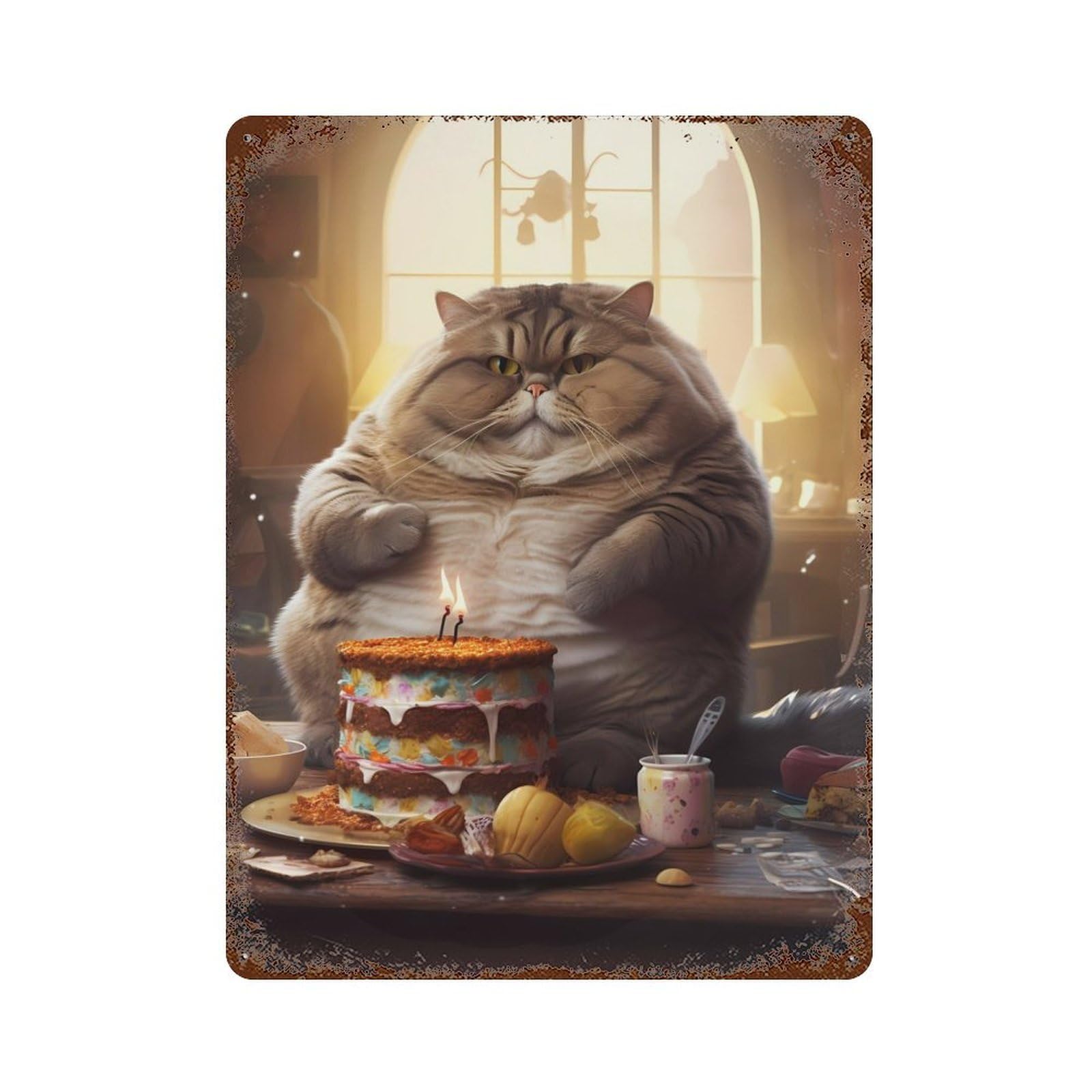 Fat Cat Birthday Cake Food Vintage Wall Sign 15.7"x11.8", Rust Effect Metal Decor for Living Room, Hallway And Home Decor