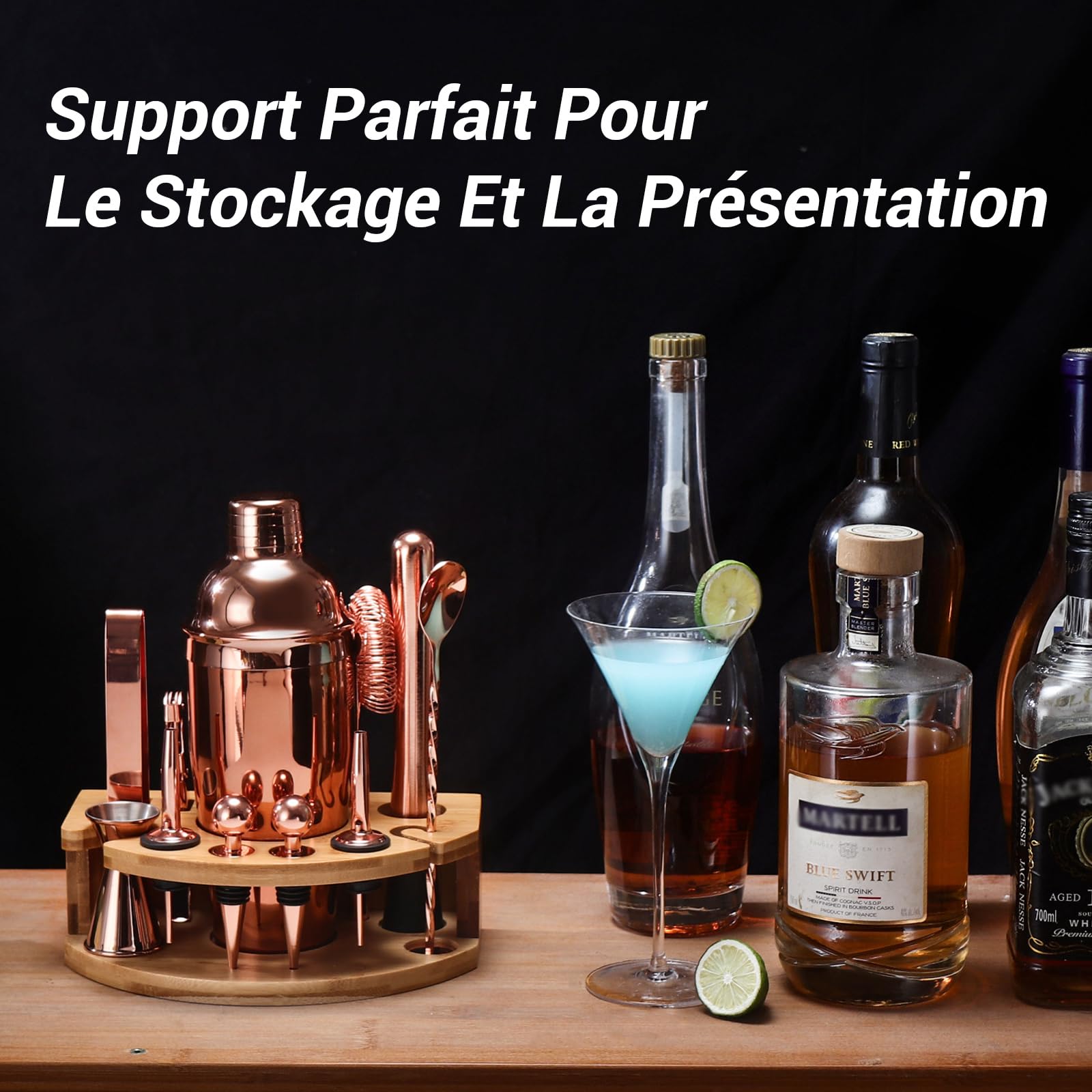 Kit Shaker à Cocktail avec Support, Kit Cocktail 12 Pièces en Acier Inoxydable avec Shaker Cocktail de 750ML Pilon Verre Doseur Cocktail, Machine à Cocktail Set pour Bar à Domicile, Fête (Or Rose)