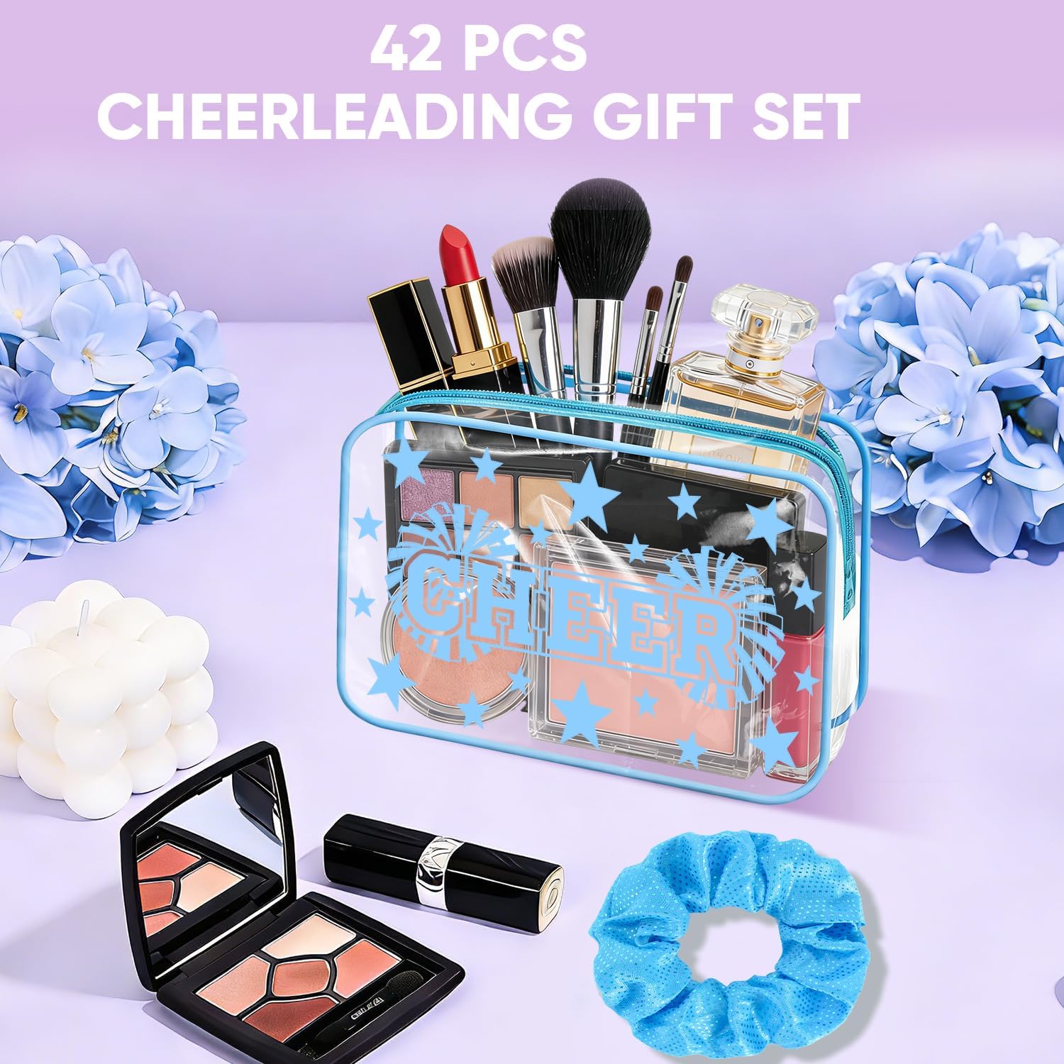 Cheerleading Makeup Bags Bulk 42 Pack, Includes 14 Clear Cosmetic Bags, 14 Cheer Keychains & 14 Hair Scrunchies, Dance Team Gifts for Girls, Cheerleader Gifts,Snack Bags(Blue)